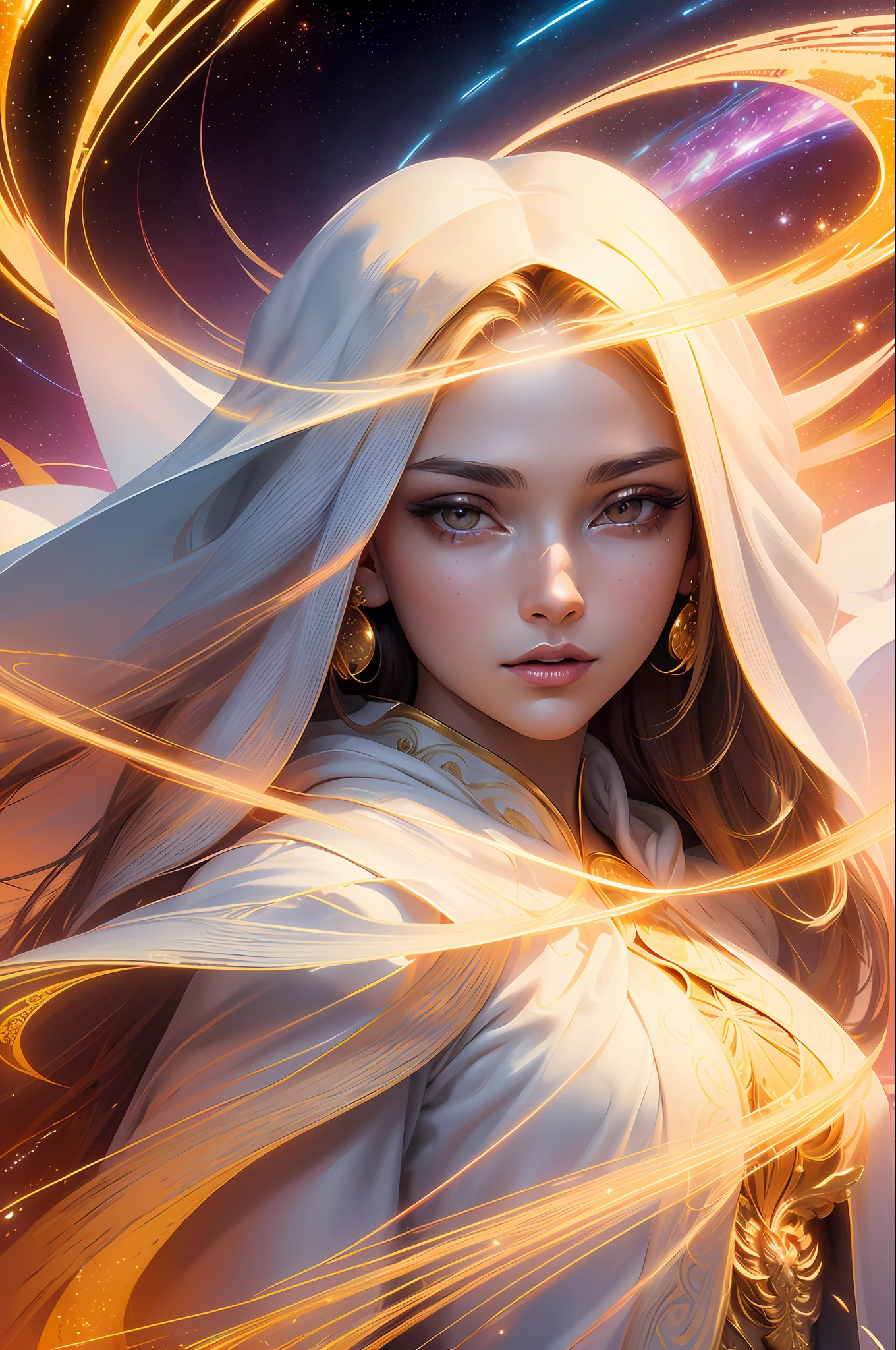 (masterpiece, top quality, best quality, official art, beautiful and aesthetic:1.2), (1girl), extreme detailed eyes, (fractal art:1.3), colorful, highest detailed, (perfect face), shiny skin, HDR, (white cloak golden lines:1.2), galaxy, (light streaks), striking visuals, (dynamic streaks, luminous trails:1.2), vibrant colors, (phoenix), (dragon)