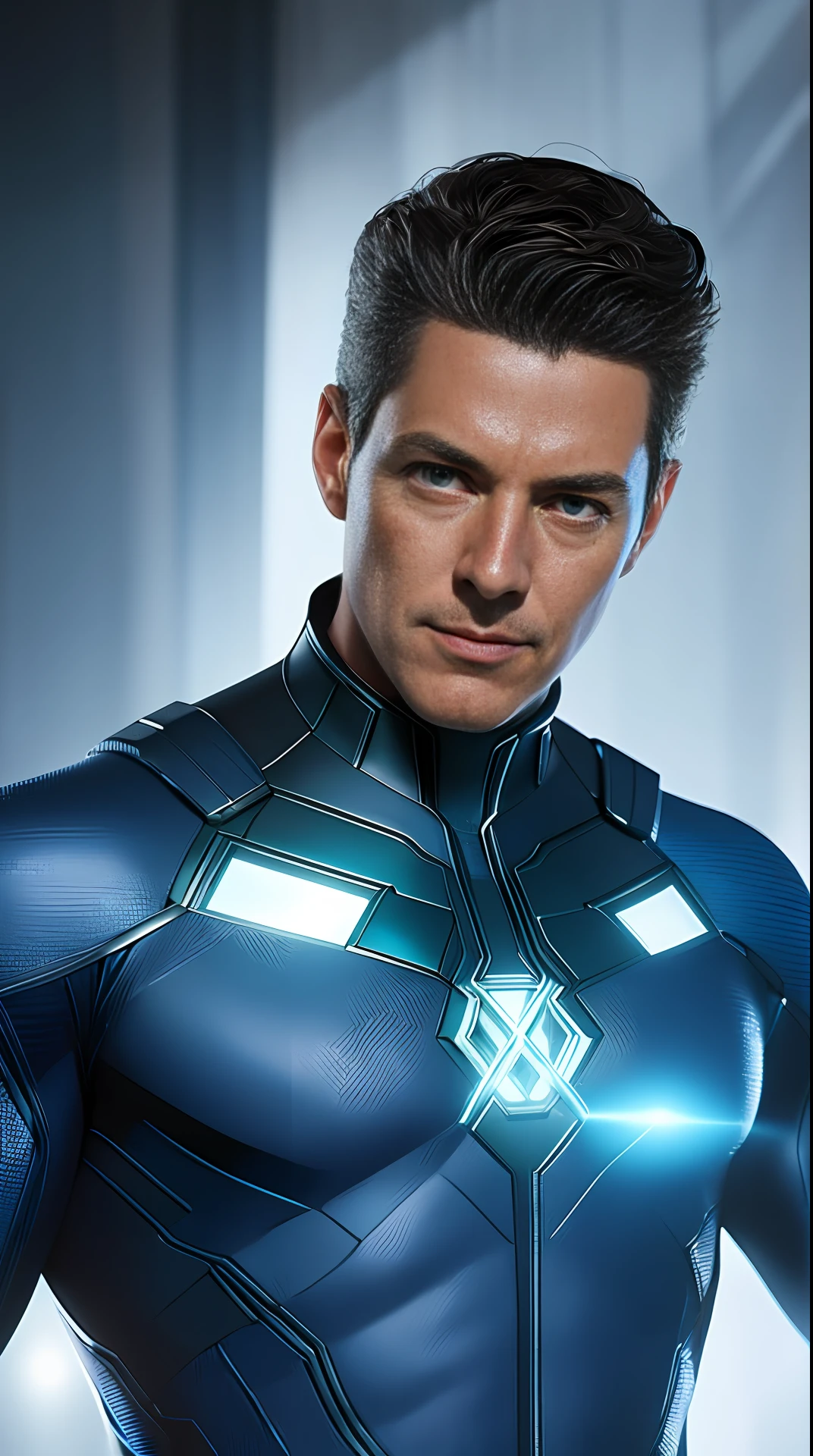 Cinematic soft lighting illuminates a stunningly detailed and ultra-realistic Reed Richards is Mister Fantastic of the Fantastic Four, blue uniform that is trending on ArtStation. Octane is the perfect tool to capture the softest details of this 16k photography masterpiece