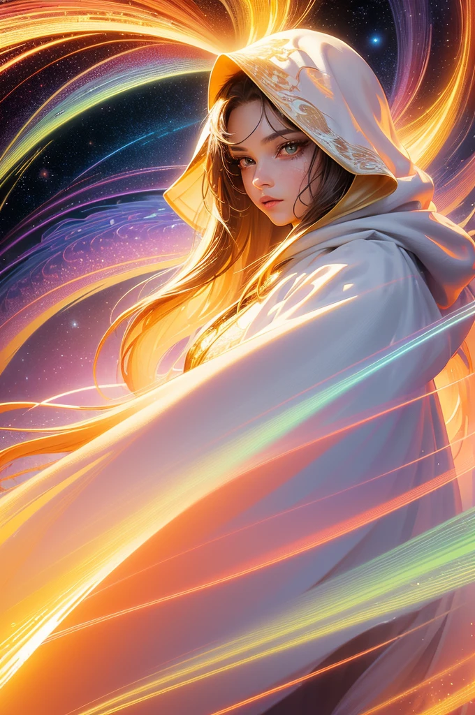 (masterpiece, top quality, best quality, official art, beautiful and aesthetic:1.2), (1girl), extreme detailed eyes, (fractal art:1.3), colorful, highest detailed, (perfect face), shiny skin, HDR, (white cloak golden lines:1.2), galaxy, (light streaks), striking visuals, (dynamic streaks, luminous trails:1.2), vibrant colors, (phoenix), (dragon)