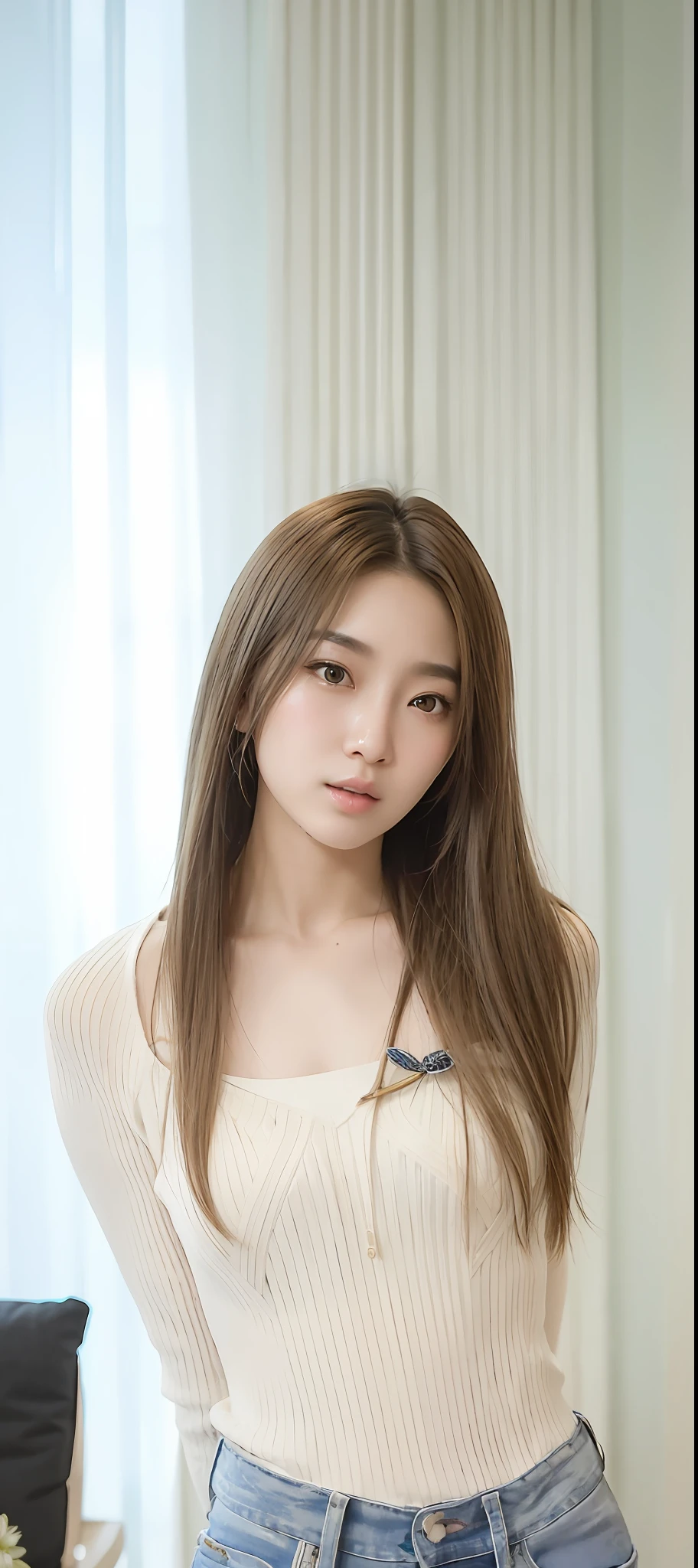 arafed asian woman in a white top and blue jeans posing for a picture, beautiful south korean woman, beautiful young korean woman, gorgeous young korean woman, korean girl, heonhwa choe, sun yunjoo, portrait of female korean idol, dilraba dilmurat, lee ji - eun, lee ji-eun, jaeyeon nam