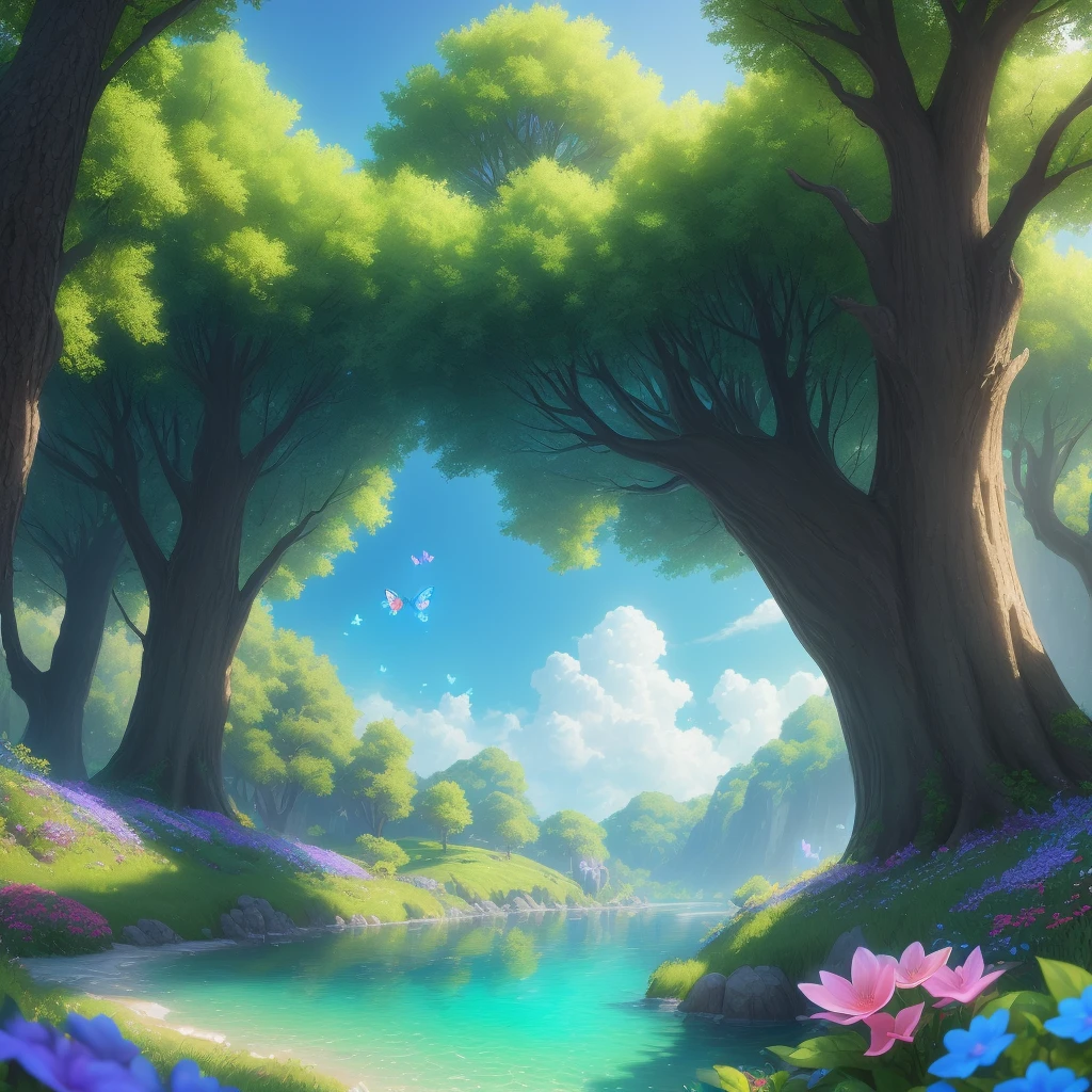masterpiece, best quality, high quality, extremely detailed cg unity 8k wallpaper, an extremely colorful and purely fantasy environment with vibrant hues and a bright sky, landscape of bright green grass, colorful trees, glittering fruits, and bright blue flowers. the streams are a deep shade of blue, and the air is filled with sweet exotic scents. the environment appears to be taken out of a dream, with luminescent butterflies and giant colorful birds flying around, award winning photography, bokeh, depth of field, hdr, bloom, chromatic aberration ,photorealistic,extremely detailed, trending on artstation, trending on cgsociety, intricate, high detail, dramatic, art by midjourney