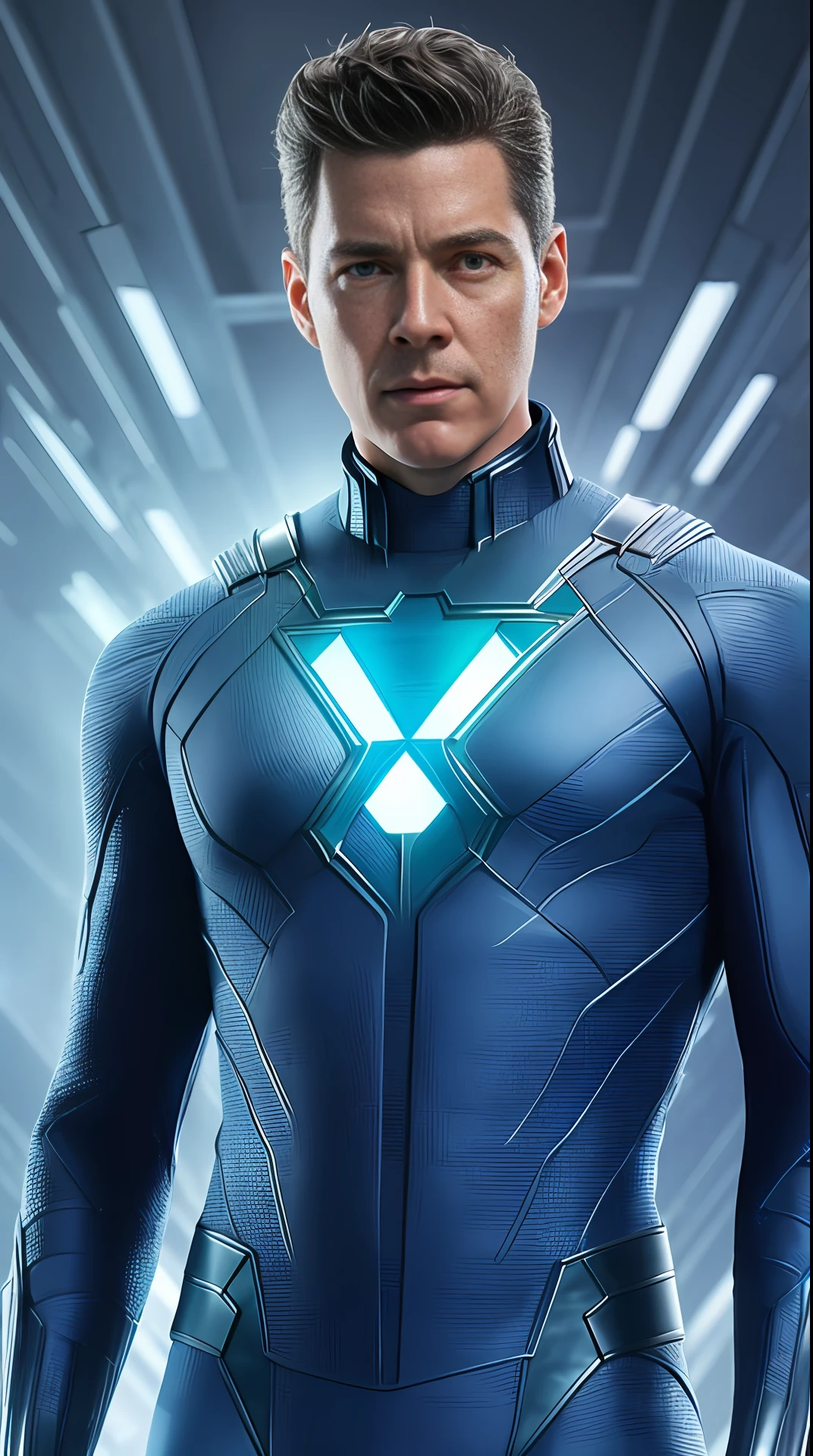 Cinematic soft lighting illuminates a stunningly detailed and ultra-realistic Reed Richards is Mister Fantastic of the Fantastic Four, blue uniform that is trending on ArtStation. Octane is the perfect tool to capture the softest details of this 16k photography masterpiece