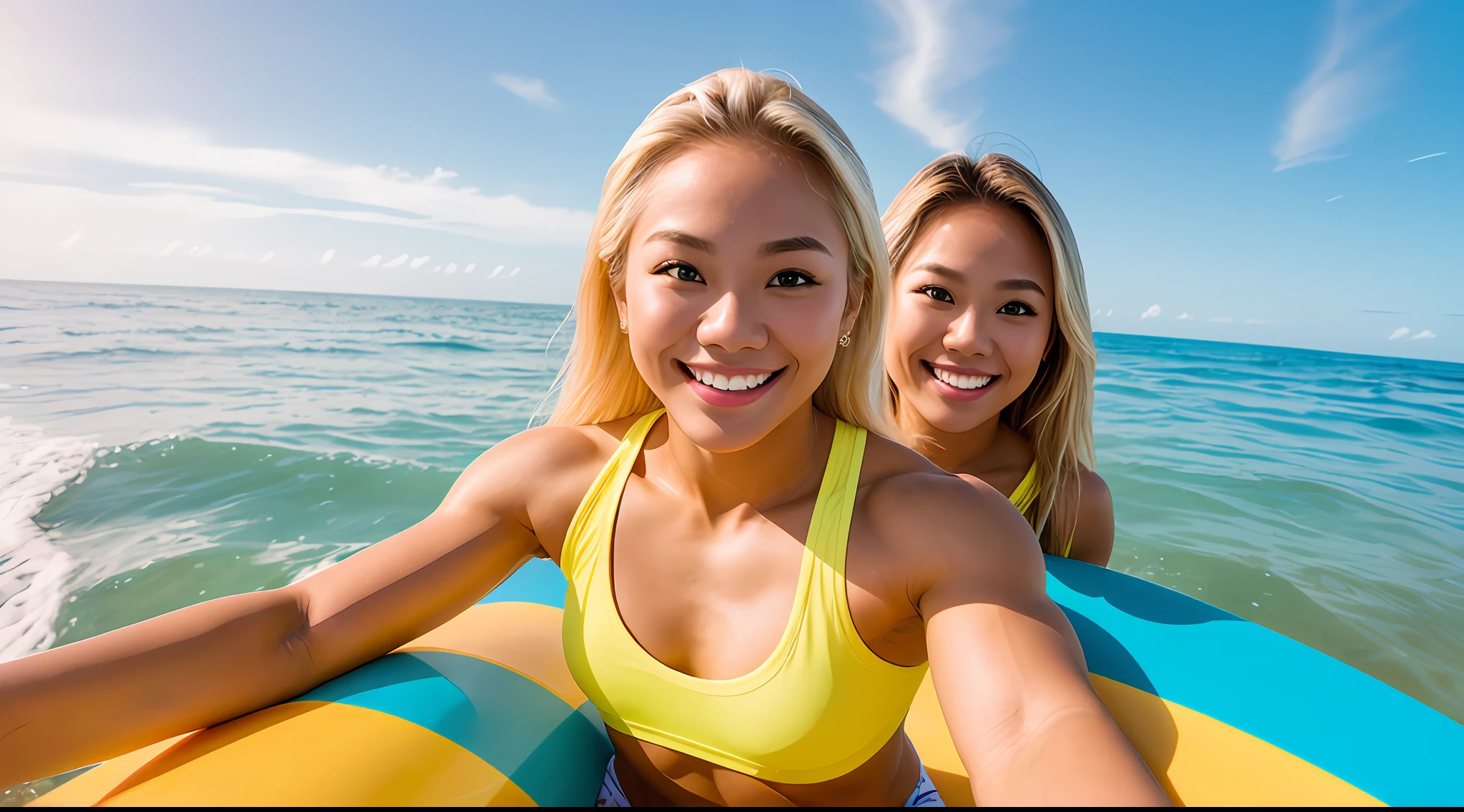 young beautiful Thai woman, blond hair, bodybuilder physique, sitting on a surfboard, ocean, happy, taking selfie, close up, half body, masterpiece, best quality, ultra-detailed, solo, cheerful,