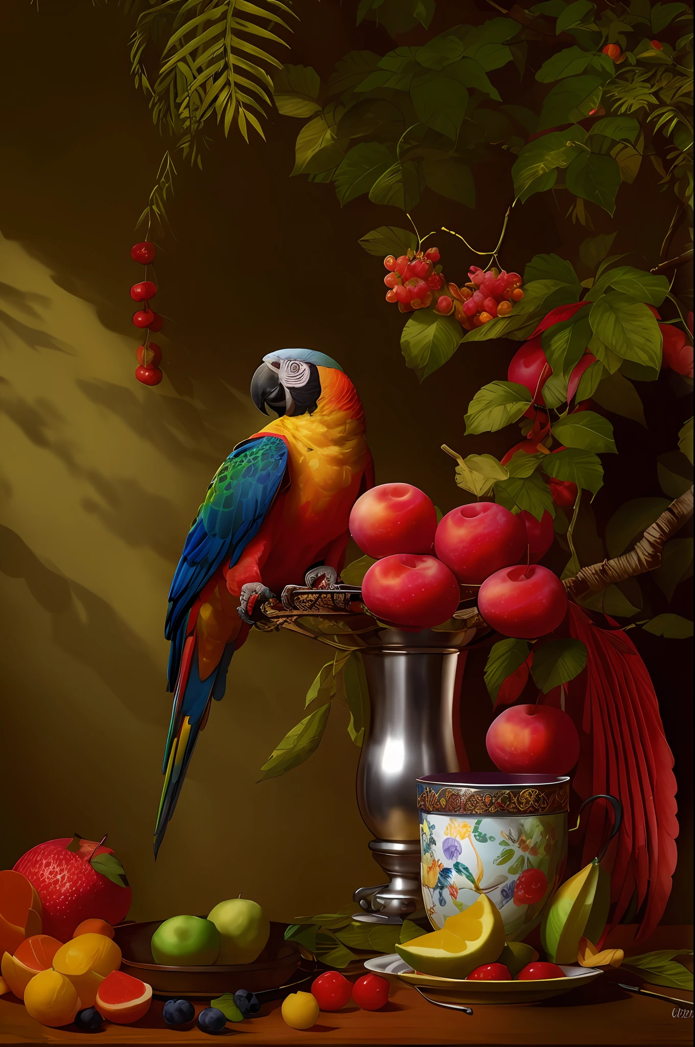 there is a parrot sitting on a branch next to a bowl of fruit, colorful hd picure, detailed painting 4 k, fruit and feathers, beautiful art uhd 4 k, 4k highly detailed digital art, amazing wallpaper, parrot, beautiful wallpaper, high quality wallpaper, 8k high quality detailed art, hd digital painting, beautiful digital artwork, digital painting highly detailed