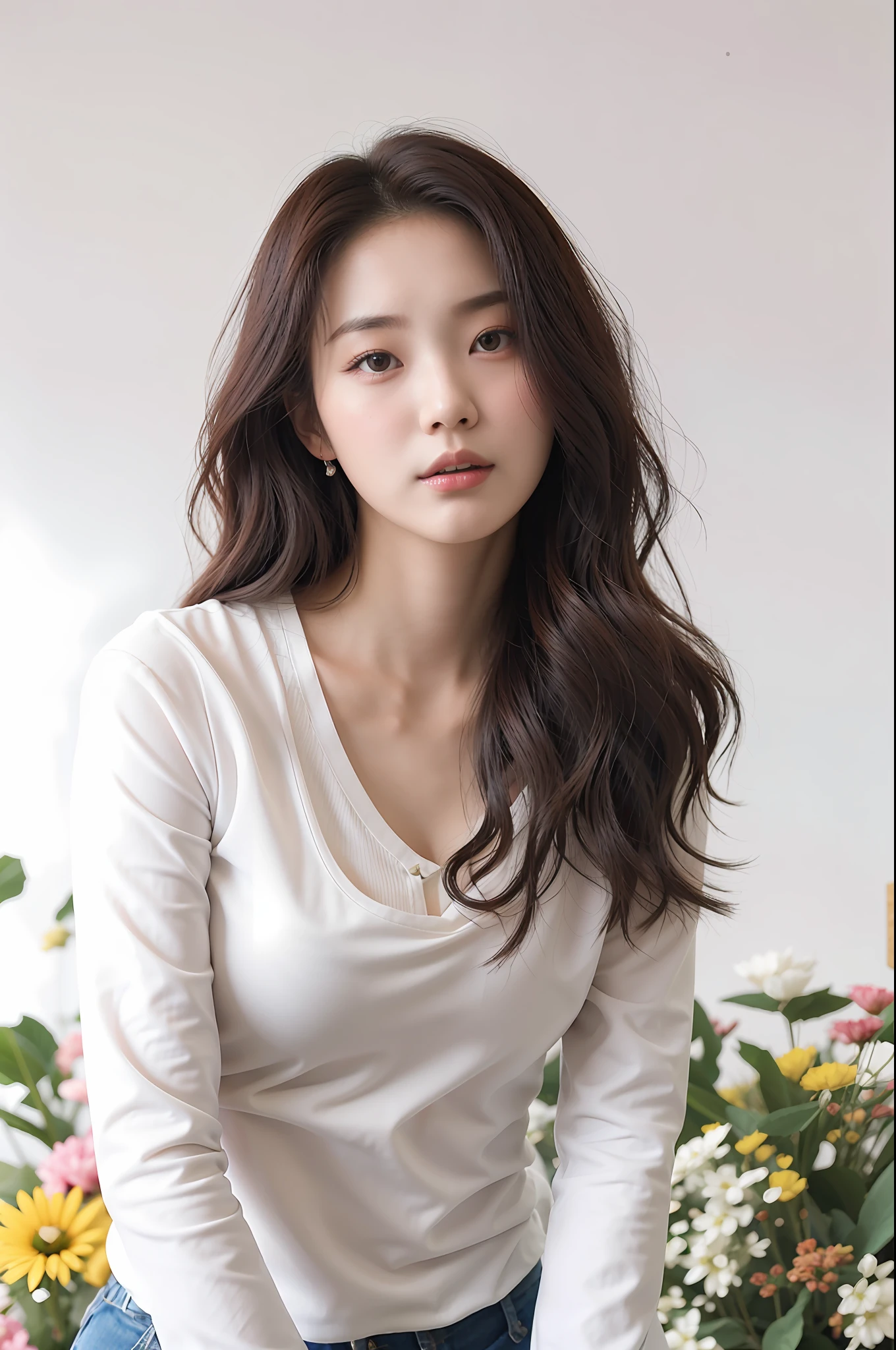 a woman with long hair and a white shirt posing for a picture, beautiful south korean woman, gorgeous young korean woman, beautiful young korean woman, hwang se - on, female actress from korea, korean women's fashion model, heonhwa choe, song hye - kyo, lee ji-eun, lee ji - eun, jaeyeon nam, cute korean actress