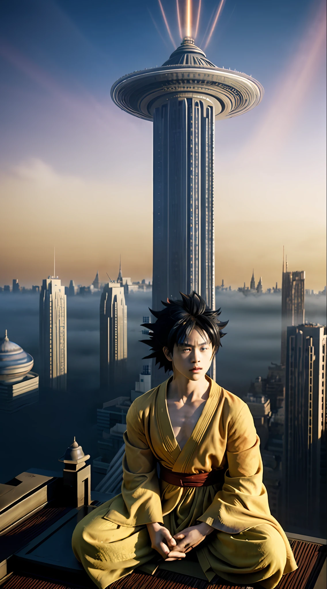 Goku em Bespin, a powerful warrior from another planet, trains in the floating city of Bespin high above the clouds. The futuristic cityscape is awe-inspiring, with towering skyscrapers and bustling air traffic. Goku trains with intense focus, surrounded by a calm and serene atmosphere that belies the city's frenetic energy. The atmosphere is filled with a sense of anticipation, as if Goku is preparing for an impending battle. The lighting is dim, with a diffuse, yellow hue that casts long shadows on the ground, adding to the pensive mood #endl
