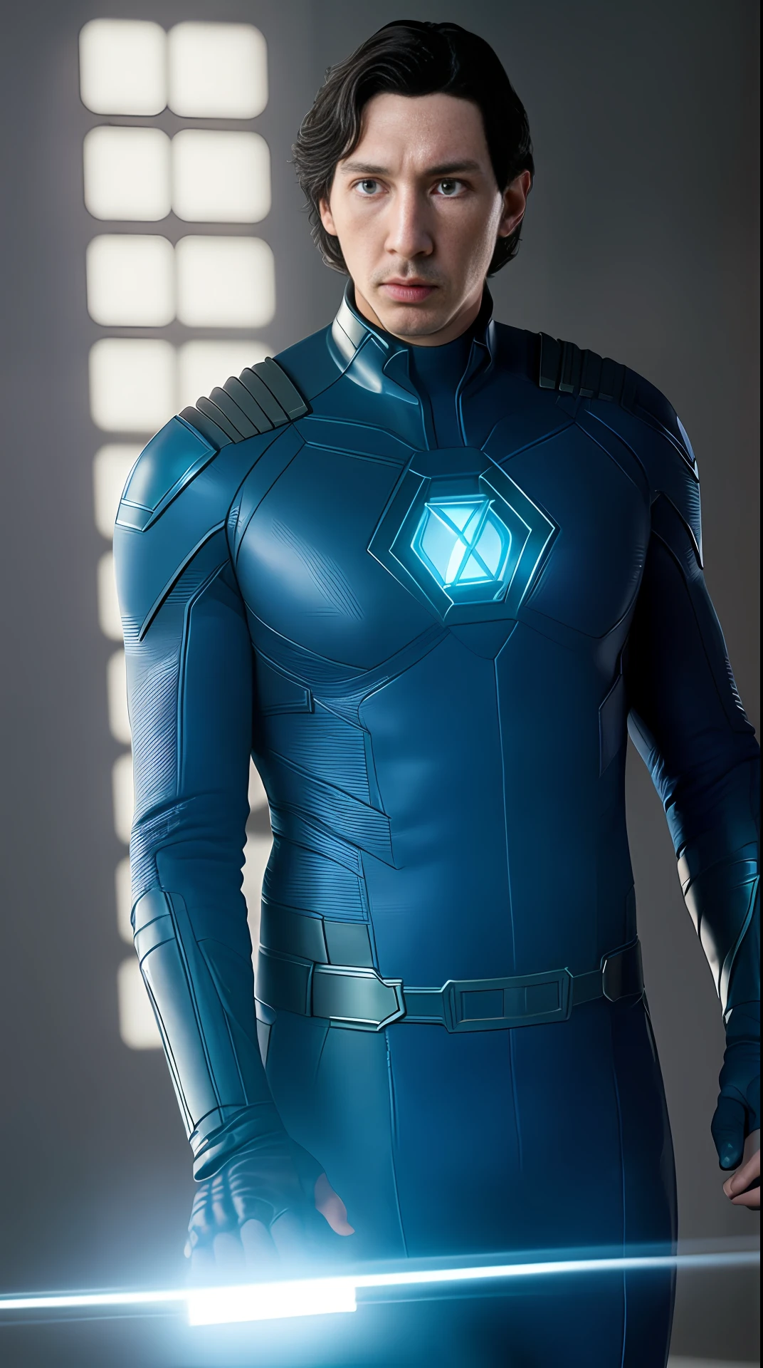 Cinematic soft lighting illuminates a stunningly detailed and ultra-realistic Adam Driver is Mister Fantastic of the Fantastic Four, blue uniform that is trending on ArtStation. Octane is the perfect tool to capture the softest details of this 16k photography masterpiece
