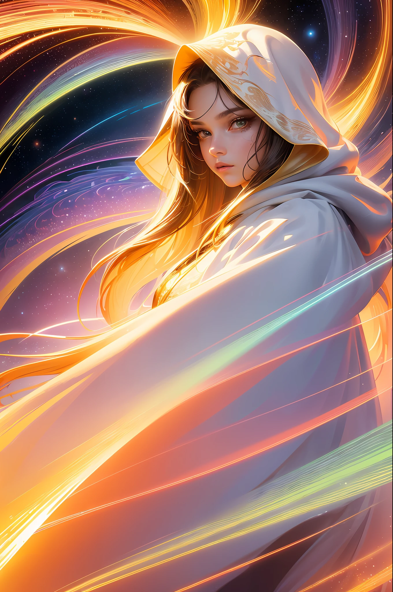 (masterpiece, top quality, best quality, official art, beautiful and aesthetic:1.2), (1girl), extreme detailed eyes, (fractal art:1.3), colorful, highest detailed, (perfect face), shiny skin, HDR, (white cloak golden lines:1.2), galaxy, (light streaks), striking visuals, (dynamic streaks, luminous trails:1.2), vibrant colors, (phoenix), (dragon)