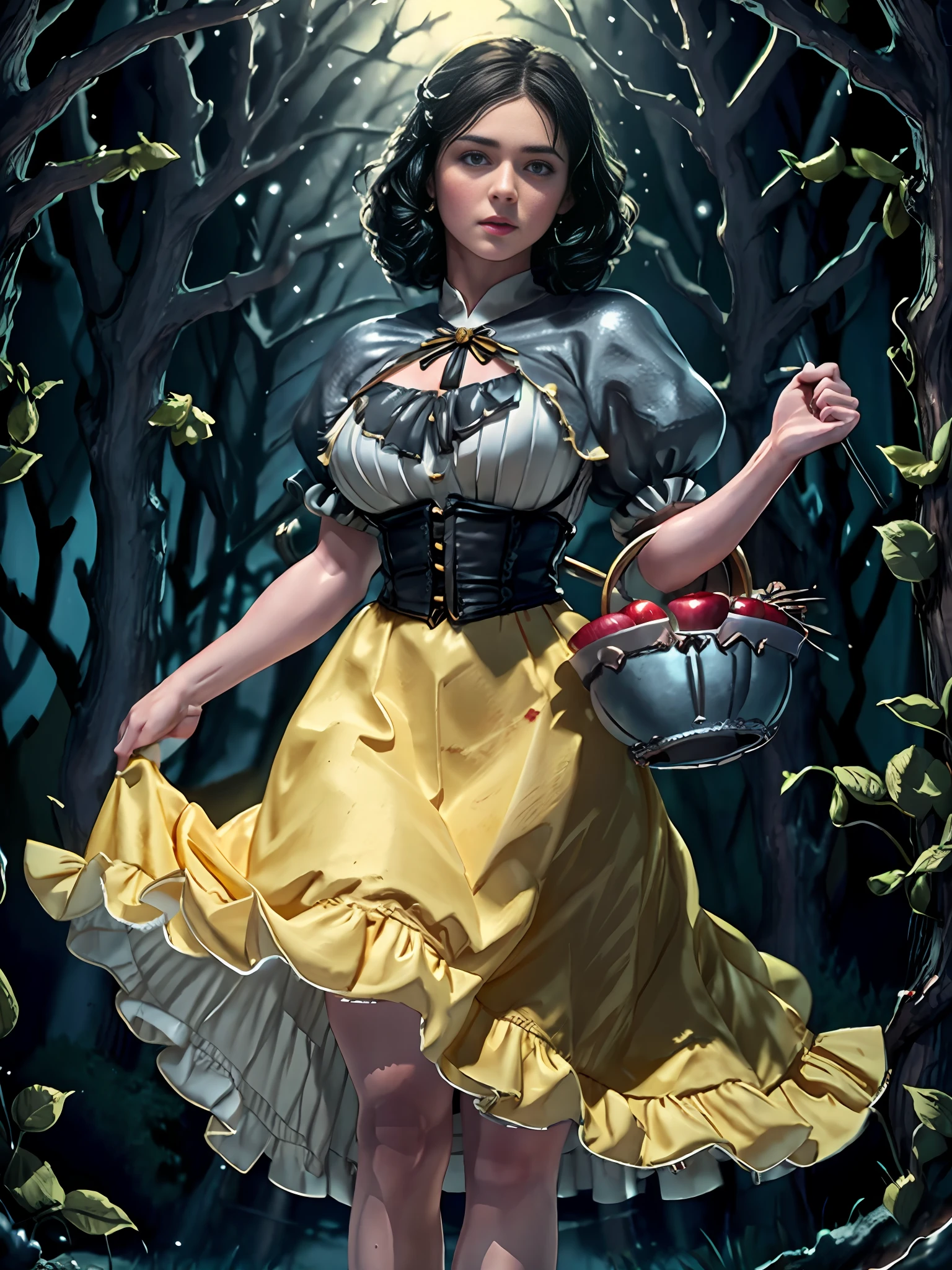 extremely beautiful snow white, subtle makeup, golden hour, photorealistic, high contrast, 8k HD, detailed, hyper-detailed, (curly bob short dark hair), realistic skin texture, large breast, best quality, ultra high res, raw photo, dramatic lighting, unreal engine, diffuse glow, (blue puffy sleeves top:1.1) , yellow skirt:1.1), (grabbing a toxic green poison apple), realistic detailed castle, fair maiden, romance, magic and witches, dark tales