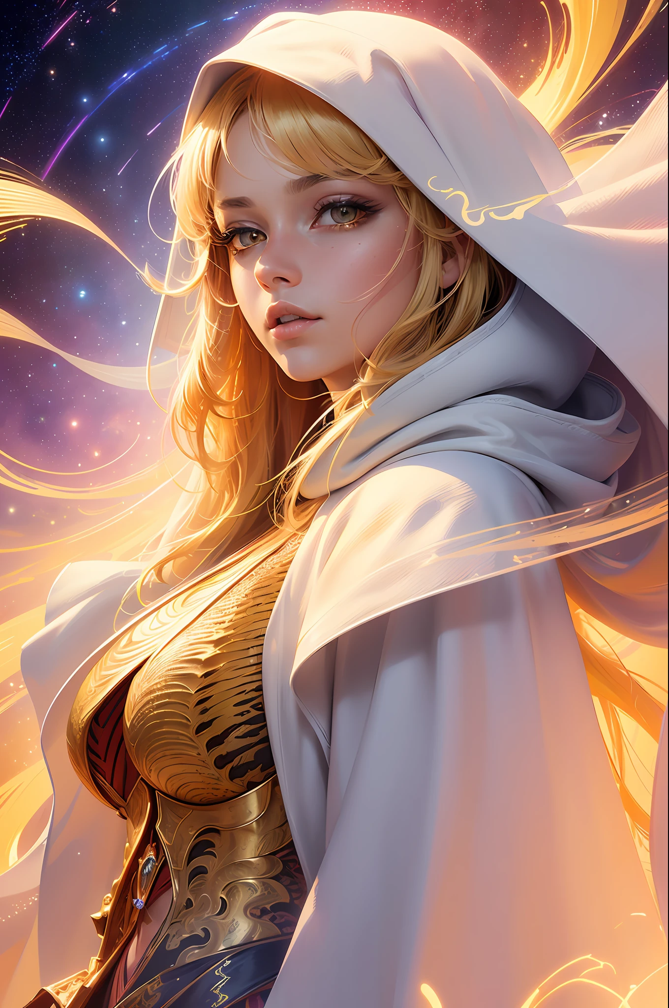 (masterpiece, top quality, best quality, official art, beautiful and aesthetic:1.2), (1girl), extreme detailed eyes, (fractal art:1.3), colorful, highest detailed, (perfect face), shiny skin, HDR, (white cloak golden lines:1.2), galaxy, (light streaks), striking visuals, (dynamic streaks, luminous trails:1.2), vibrant colors, (phoenix), (dragon)