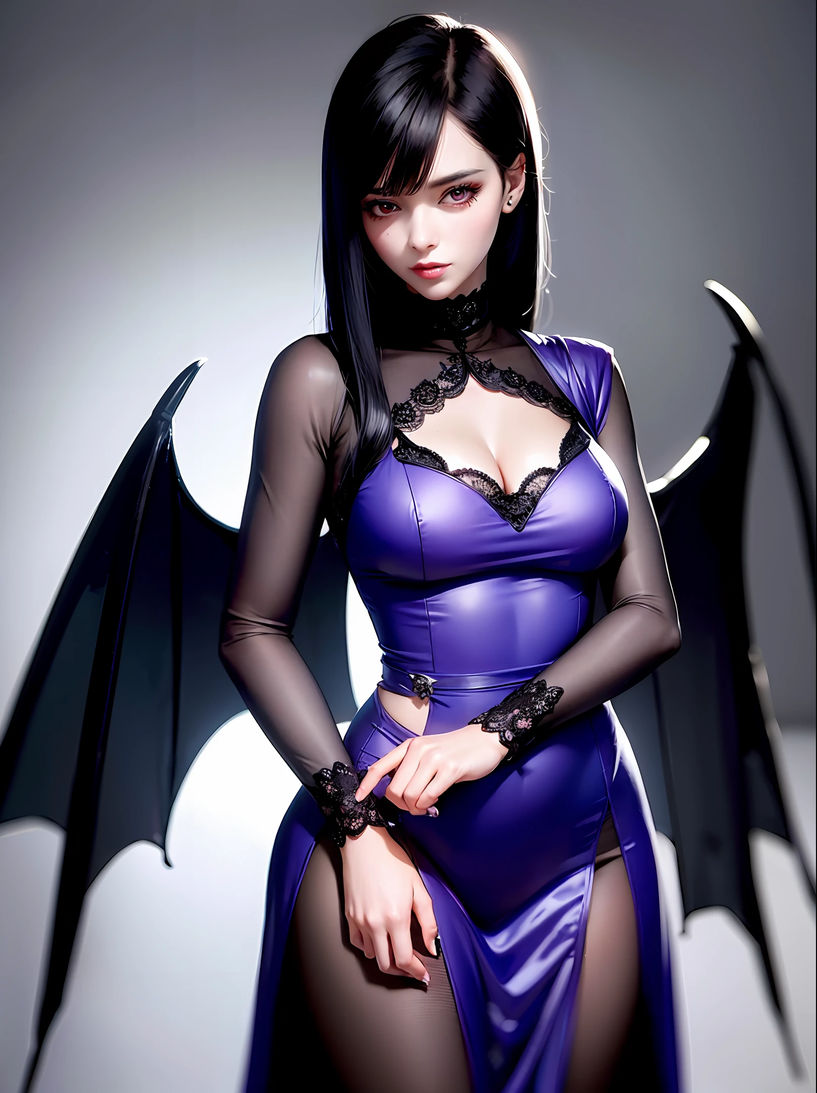 Beautiful woman with black hair with violet eyes and bat wings in a beautiful dress, realistic photo