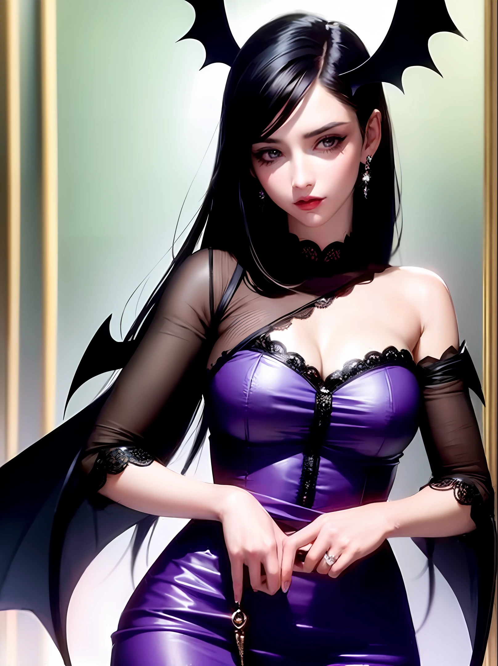 Beautiful woman with black hair with violet eyes and bat wings in a beautiful dress, realistic photo