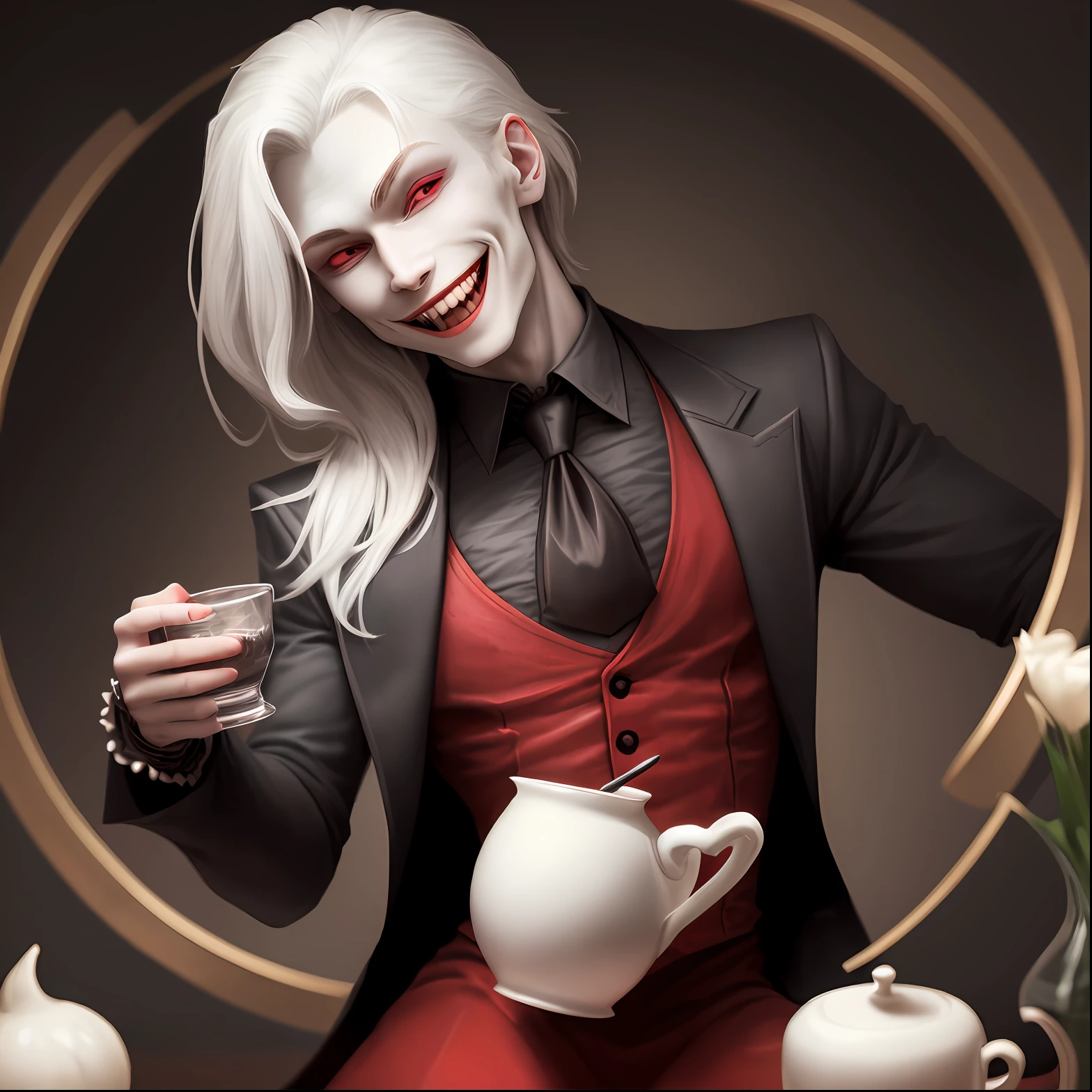 A vampire, smiling with his beautiful teeth and his cup in his hand.