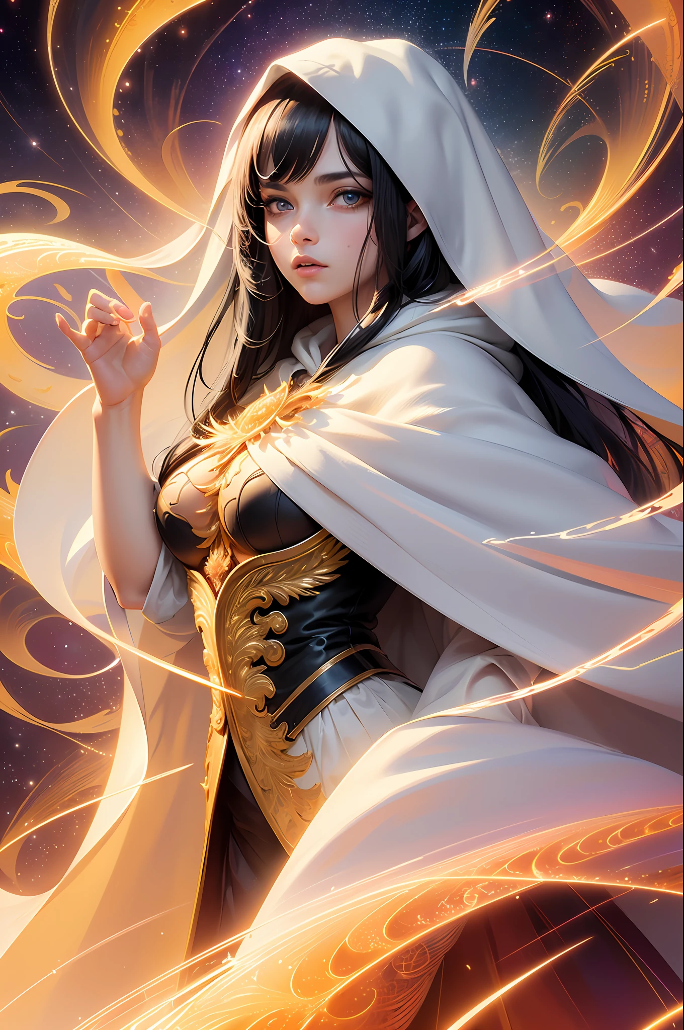 (masterpiece, top quality, best quality, official art, beautiful and aesthetic:1.2), (1girl), extreme detailed eyes, (fractal art:1.3), colorful, highest detailed, (perfect face), shiny skin, HDR, (white cloak golden lines:1.2), galaxy, (light streaks), striking visuals, (dynamic streaks, luminous trails:1.2), vibrant colors, (phoenix), (dragon)