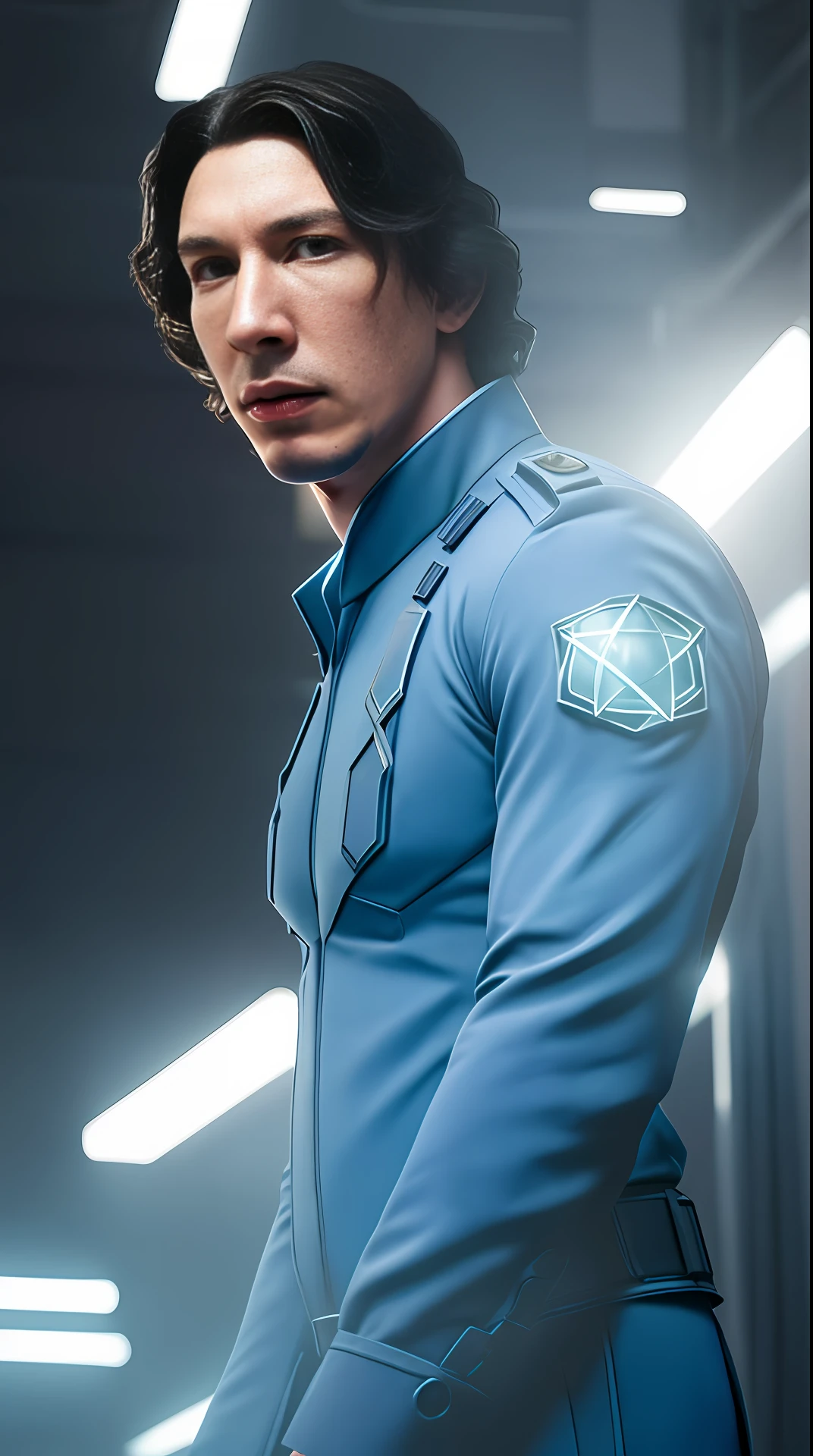 Cinematic soft lighting illuminates a stunningly detailed and ultra-realistic Adam Driver is Mister Fantastic of the Fantastic Four, blue uniform that is trending on ArtStation. Octane is the perfect tool to capture the softest details of this 16k photography masterpiece