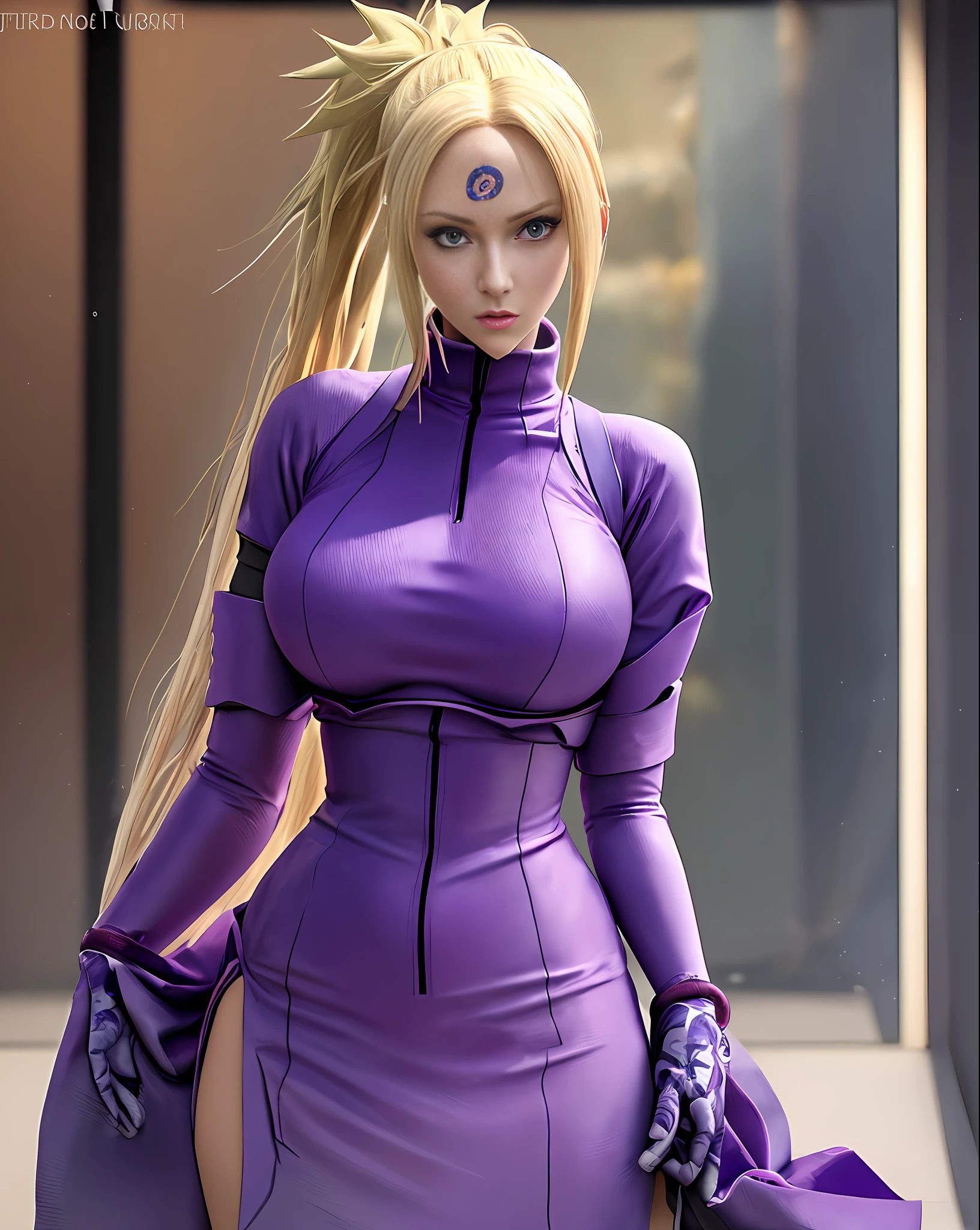 The character:{Ino} from the anime (Naruto Shippuden), long blonde hair tied up, beautiful blue eyes, big breasts, sensual, purple colored outfit, super realistic, well detailed face without distortions, epic image in best possible resolution, 8k, very realistic, depth of field, a work of art, portrait style
