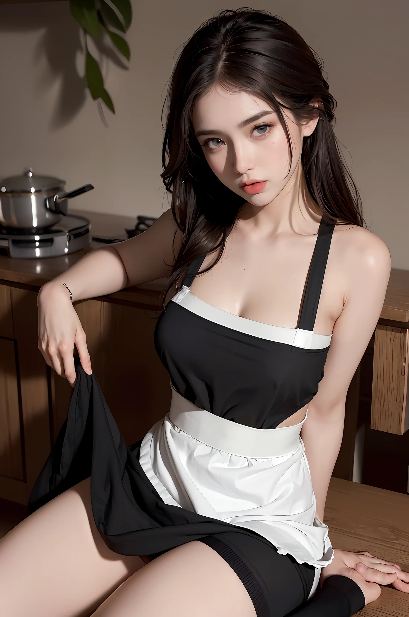 (hyperrealistic), (illustration), (high resolution), (8K), (extremely detailed), (best illustration), (beautiful detailed eyes), (best quality), (super detailed), (masterpiece), (wallpaper), (detailed face), solo, (dynamic pose), 1 girl, white wavy hair in the kitchen, Korean, heterochromic eyes, small spots under the eyes, (((apron)) ultrathin, giant breasts, long legs, squeezes the abdomen, (camel fingers), (black socks), (no panties), (no bra)