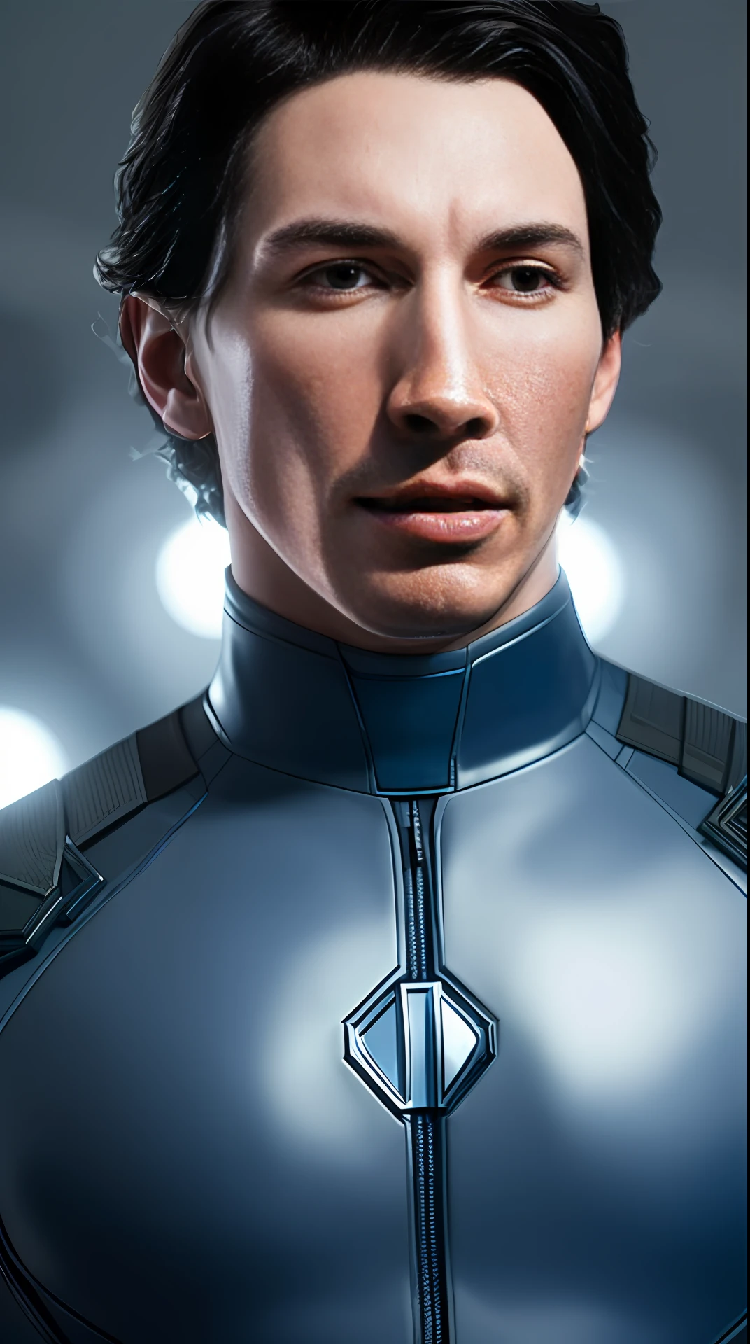Cinematic soft lighting illuminates a stunningly detailed and ultra-realistic Adam Driver is Mister Fantastic of the Fantastic Four, blue uniform that is trending on ArtStation. Octane is the perfect tool to capture the softest details of this 16k photography masterpiece