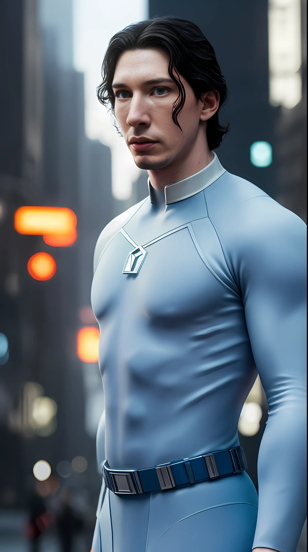 Cinematic soft lighting illuminates a stunningly detailed and ultra-realistic Adam Driver is Mister Fantastic of the Fantastic Four, blue uniform that is trending on ArtStation. Octane is the perfect tool to capture the softest details of this 16k photography masterpiece