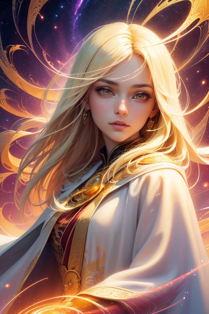 (masterpiece, top quality, best quality, official art, beautiful and aesthetic:1.2), (1girl), extreme detailed eyes, (fractal art:1.3), colorful, highest detailed, (perfect face), shiny skin, HDR, (white cloak golden lines:1.2), galaxy, (light streaks), striking visuals, (dynamic streaks, luminous trails:1.2), vibrant colors, (phoenix), (dragon)