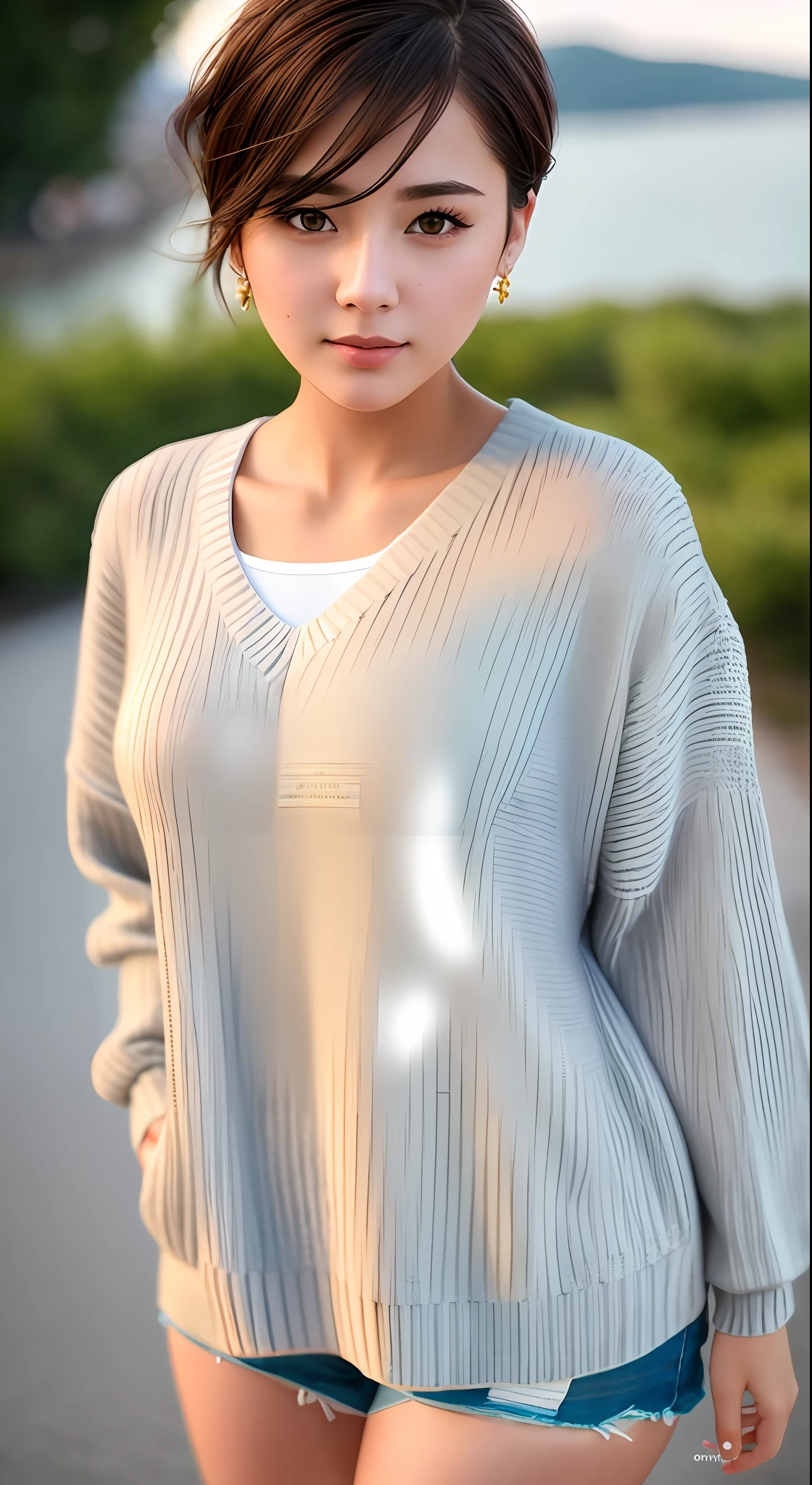 Nikon RAW photo,8 k, Fujifilm XT3,masterpiece, best quality, realistic, photorealistic, ultra detailed,1girl,nvshen, sweater, short hair, Master piece,face focus,8k resolution realisms photo graphic