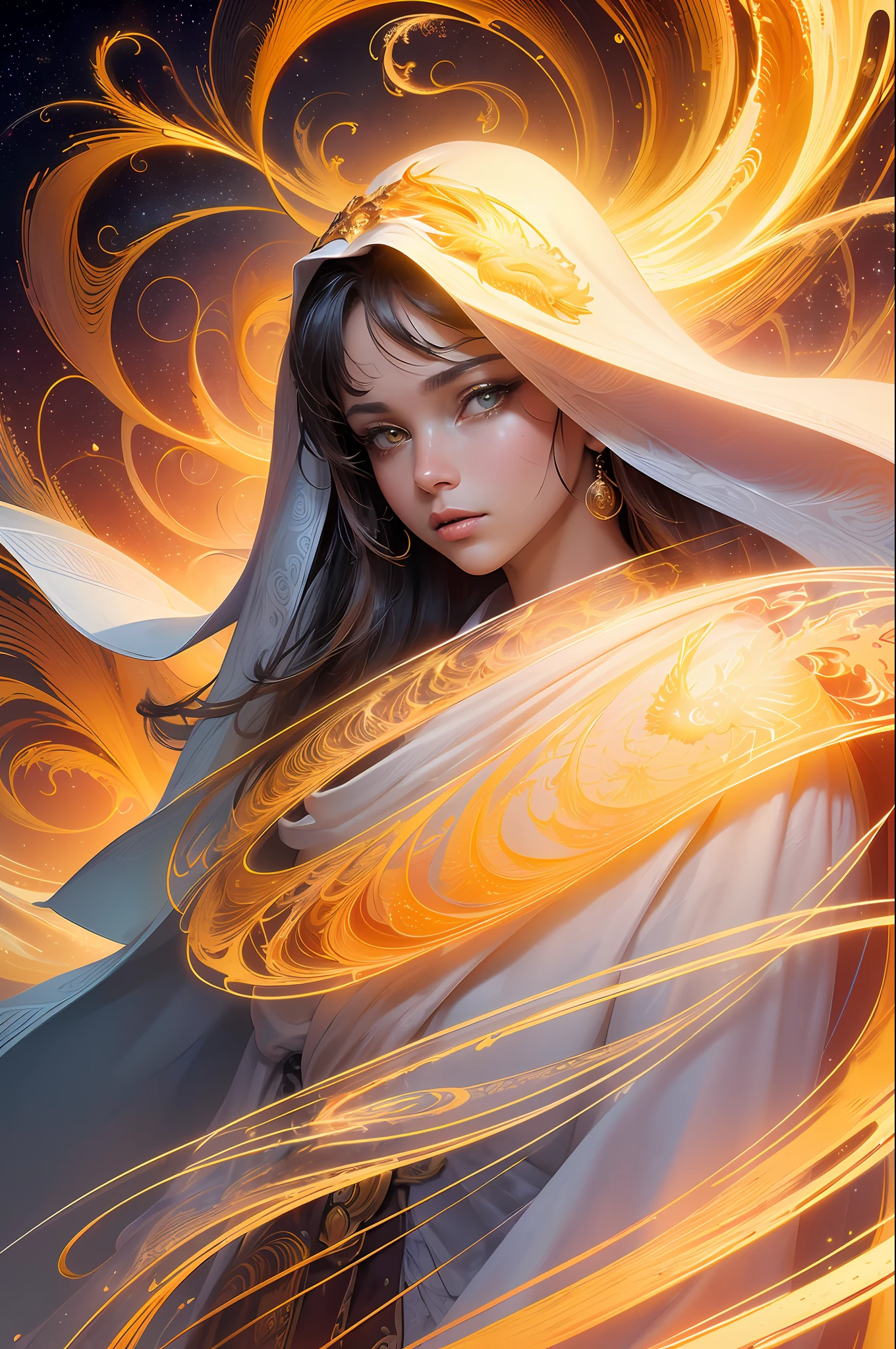 (masterpiece, top quality, best quality, official art, beautiful and aesthetic:1.2), (1girl), extreme detailed eyes, (fractal art:1.3), colorful, highest detailed, (perfect face), shiny skin, HDR, (white cloak golden lines:1.2), galaxy, (light streaks), striking visuals, (dynamic streaks, luminous trails:1.2), vibrant colors, (phoenix), (dragon)