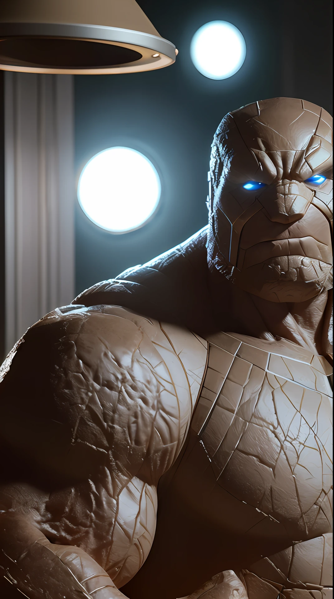 Cinematic soft lighting illuminates a stunningly detailed and ultra-realistic Ben Grimm The Thing of the Fantastic Four, blue uniform that is trending on ArtStation. Octane is the perfect tool to capture the softest details of this 16k photography masterpiece