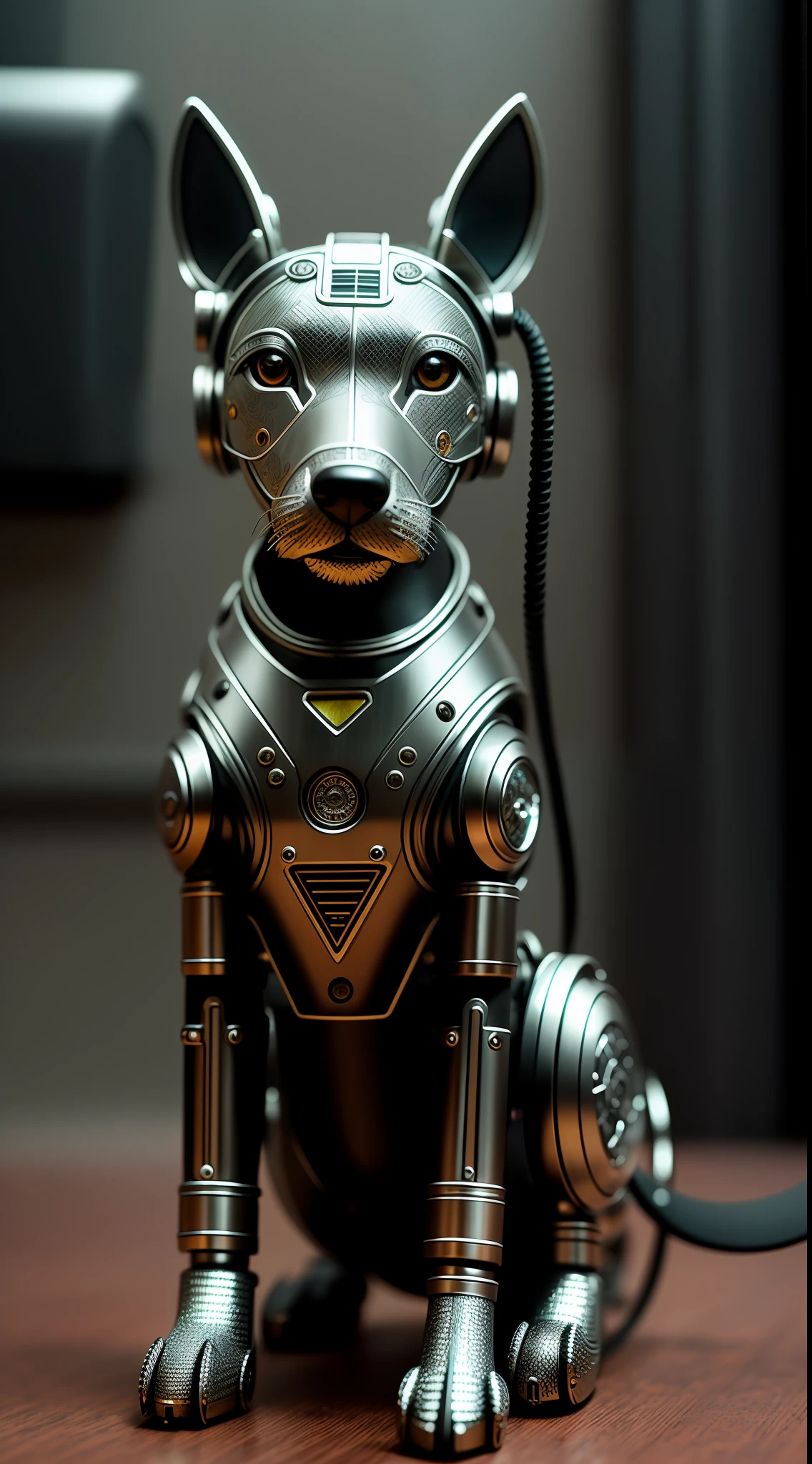 a cute dog made out of metal, (cyborg:1.1), ([tail | detailed wire]:1.3), (intricate details), hdr, (intricate details, hyperdetailed:1.2), cinematic shot, vignette, centered