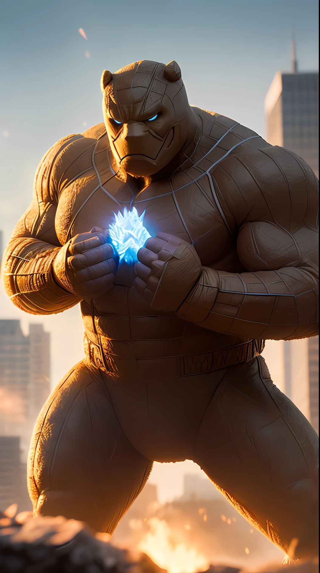 Cinematic soft lighting illuminates a stunningly detailed and ultra-realistic Ben Grimm The Thing of the Fantastic Four, blue uniform that is trending on ArtStation. Octane is the perfect tool to capture the softest details of this 16k photography masterpiece