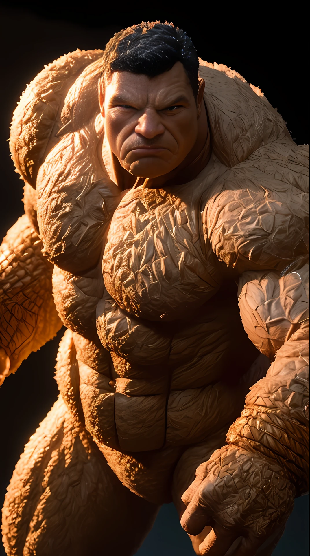 Cinematic soft lighting illuminates a stunningly detailed and ultra-realistic Ben Grimm The Thing of the Fantastic Four, blue uniform that is trending on ArtStation. Octane is the perfect tool to capture the softest details of this 16k photography masterpiece