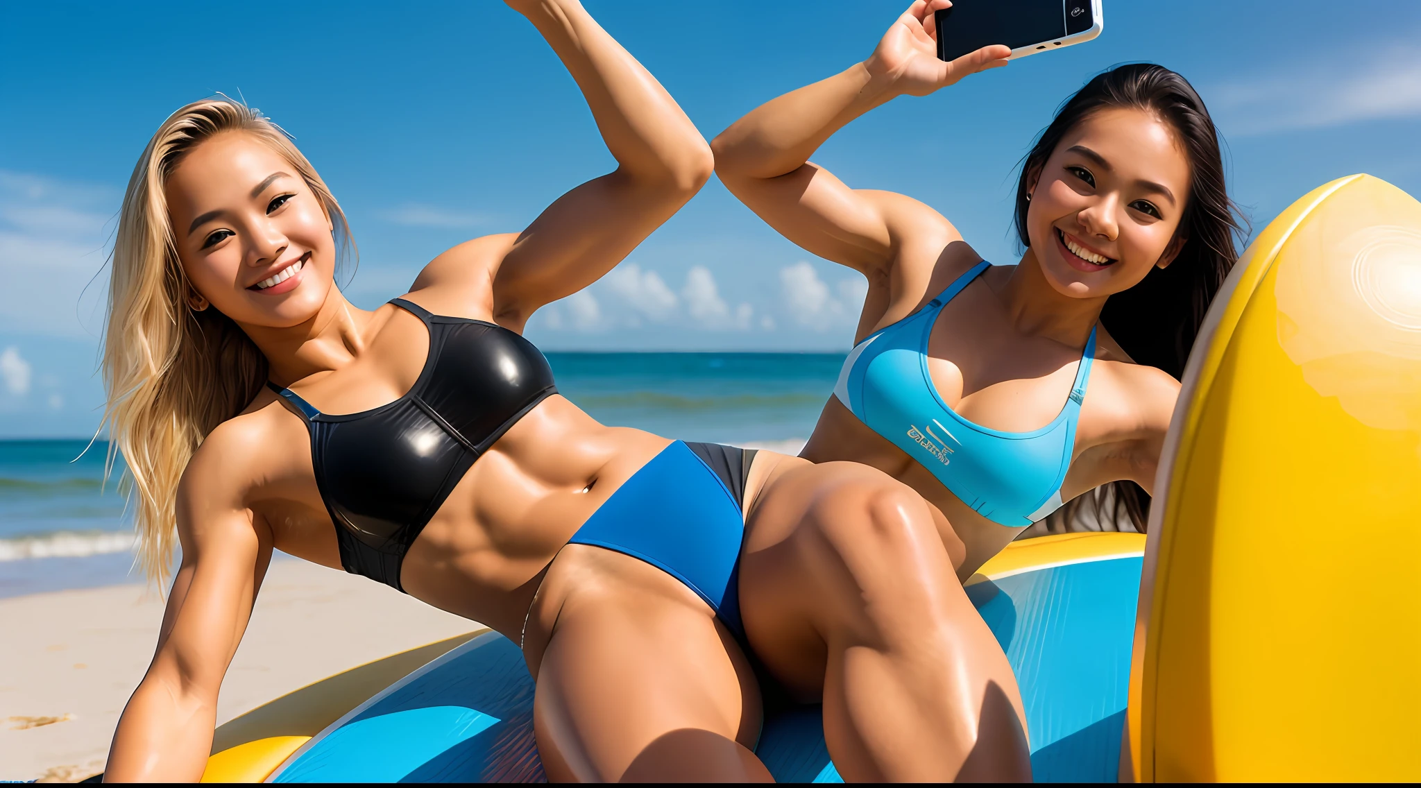 young beautiful Thai woman, blond hair, bodybuilder physique, sitting on a surfboard, ocean, happy, taking selfie, close up, half body, masterpiece, best quality, ultra-detailed, solo, cheerful,