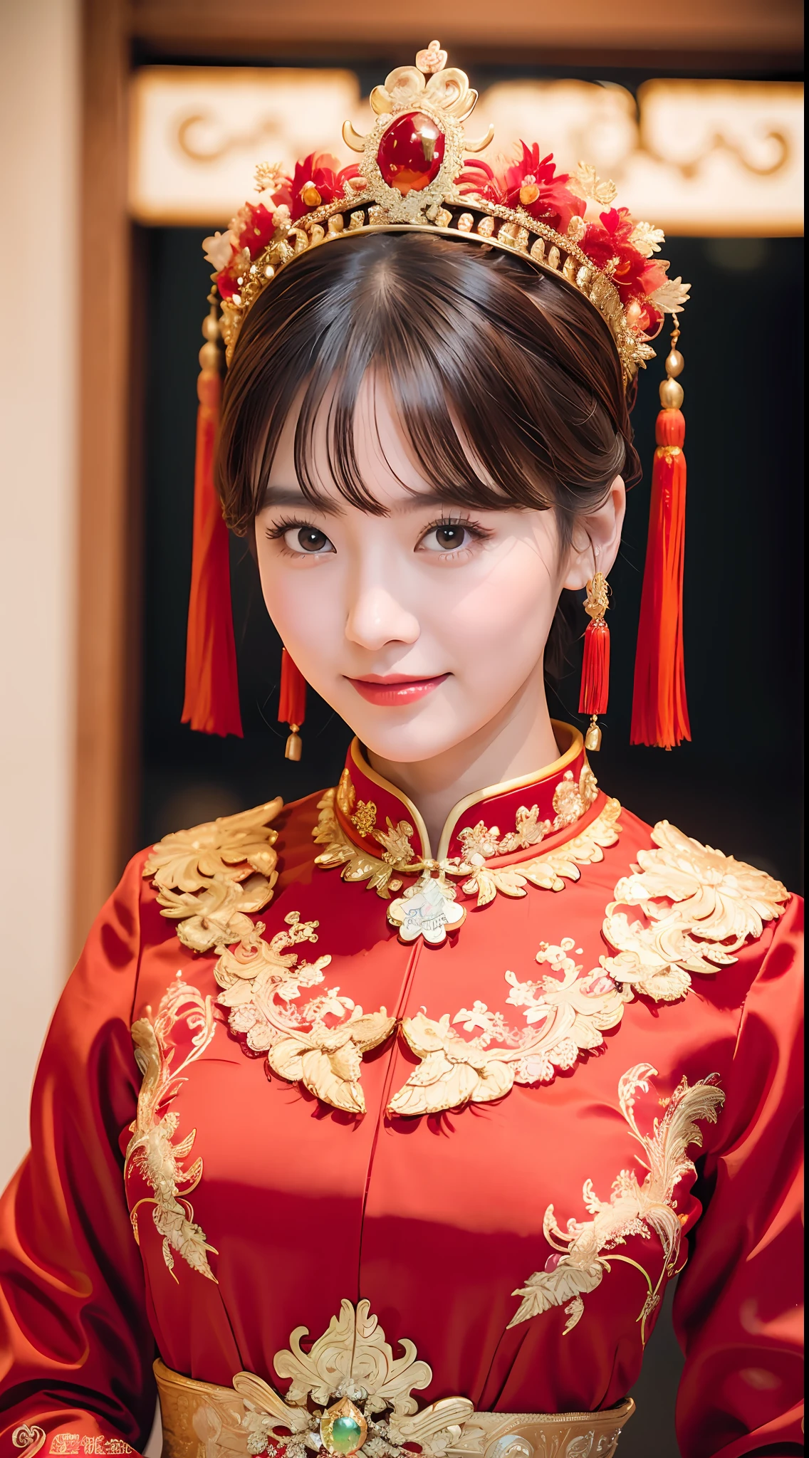 (8k, RAW Photo, Best Quality, Masterpiece: 1.2), (Realistic, Realistic: 1.37), 1 Girl, Woman in Red Dress and Headdress Posing for Photo, Gorgeous Role Play, Beautiful Costume, Chinese Dress, Complex Dress, Complex Costume, Traditional Beauty, Gorgeous Chinese Model, Chinese Costume, Wearing Gorgeous Costume, Wearing Elegant Chinese Xiuhe Dress, Chinese Wedding Dress, Phoenix Crown Xia Hanging, Antique Bride, Xiuhe Costume, Close Up, Wearing Phoenix Crown, Smile, No Watermark, Dragon and phoenix embroidered dress