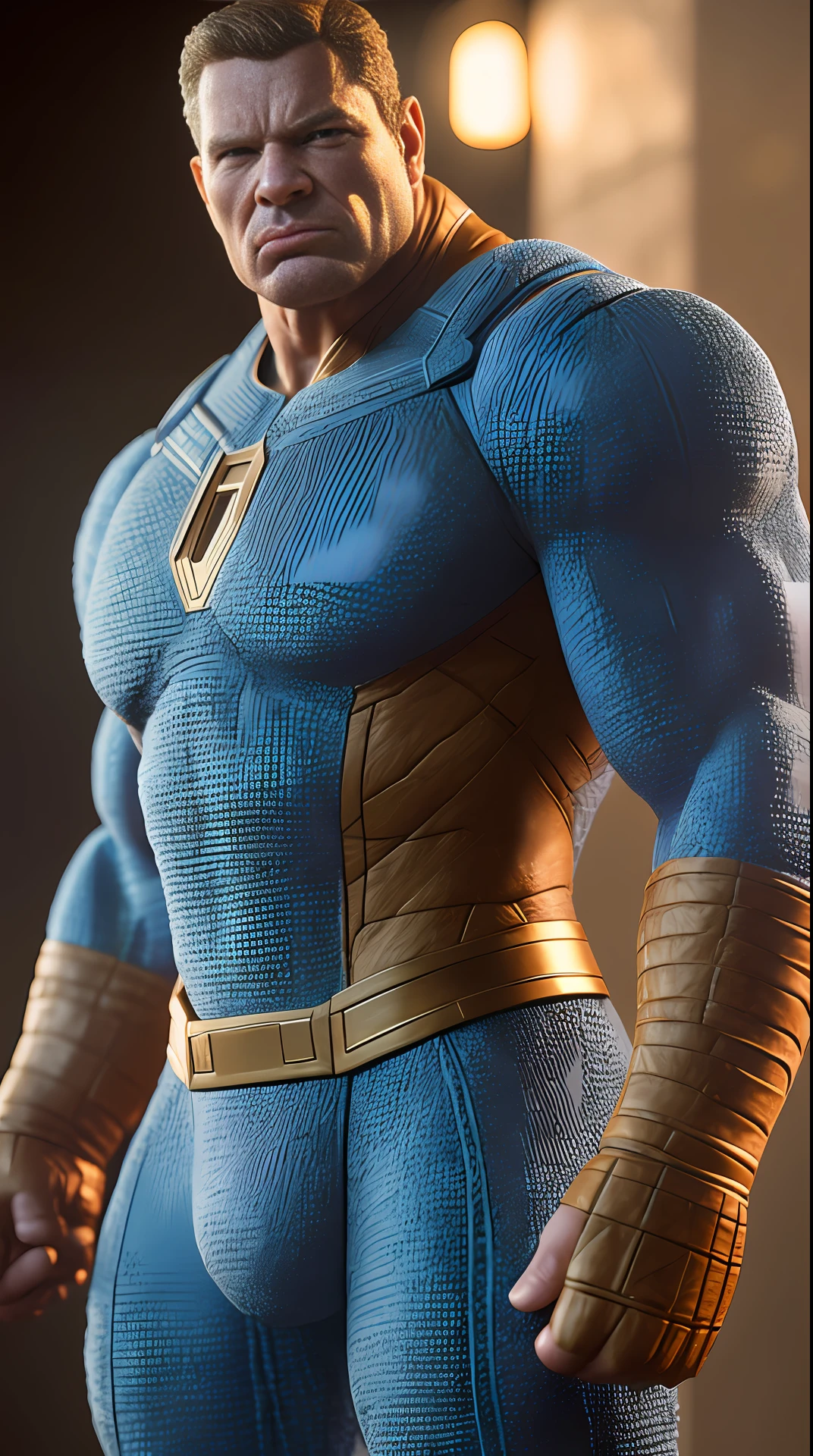 Cinematic soft lighting illuminates a stunningly detailed and ultra-realistic Ben Grimm The Thing of the Fantastic Four, blue uniform that is trending on ArtStation. Octane is the perfect tool to capture the softest details of this 16k photography masterpiece