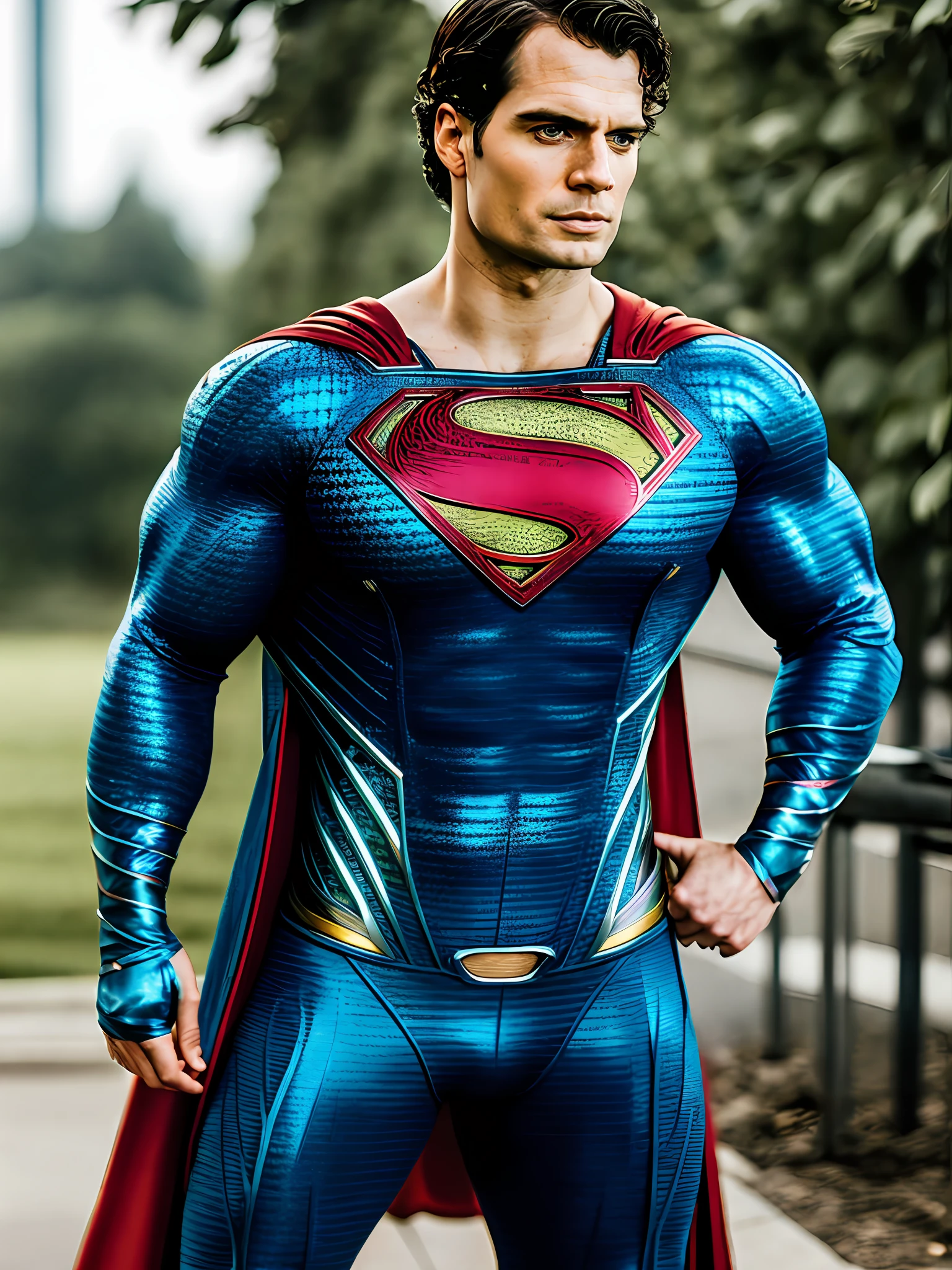 (realism) photo of (Henry cavill), Superman cosplay, small smile, hands on hips