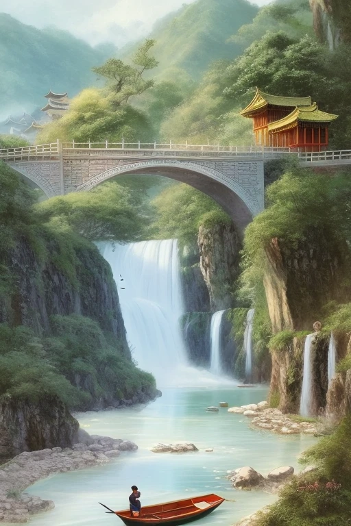 Chinese paintings, ink landscapes, waterfalls, small bridges, birds, fishing boats