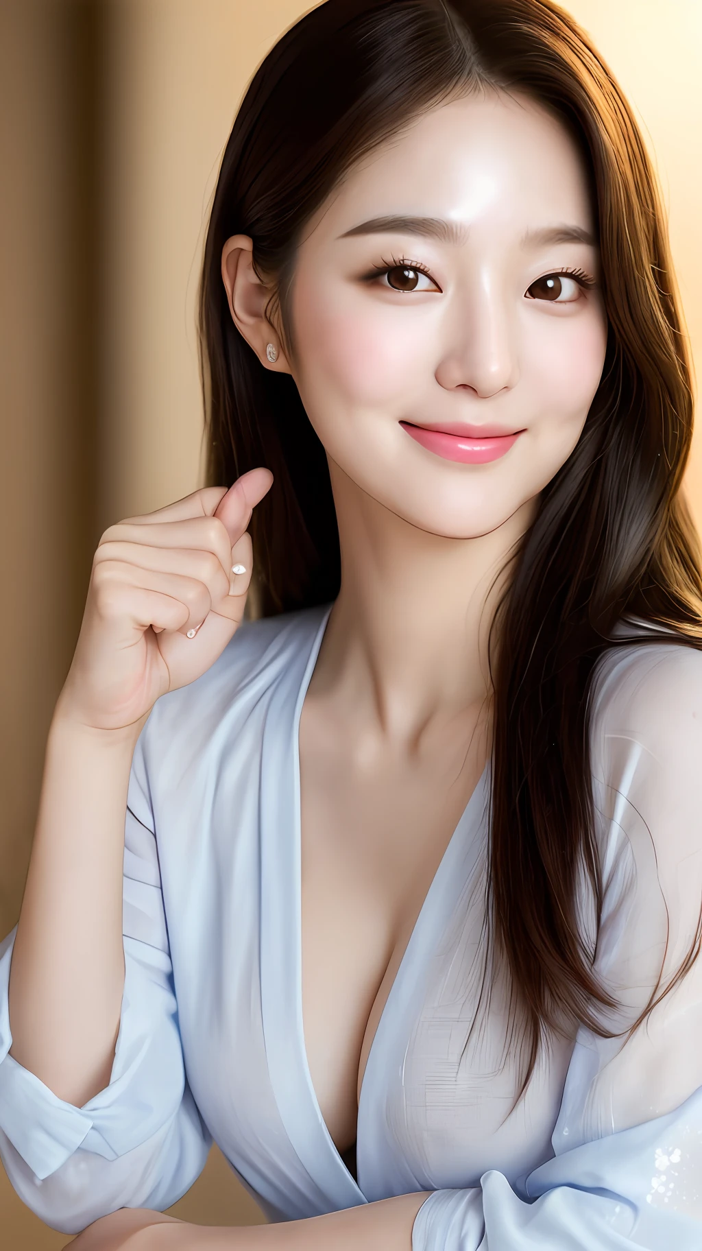 realistic photos of (1 cute Korean star), medium, thin makeup, medium breasts size, slightly smile, thin- shirt, at the room, thumb up pose, clear facial features, high resolution, sharp and realistic details, picture RAW, UHD, masterpiece, 16k, emphasis lines, sparkle, glowing light, dithering, highres