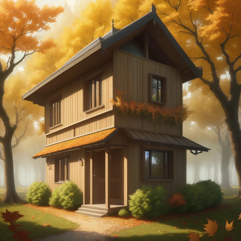 (((Masterpiece))), ultra-detailed, ultra-high resolution, fine realistic texture, magical atmosphere, minimalist and delicate, little apple house surrounded by greenery and autumn leaves.
