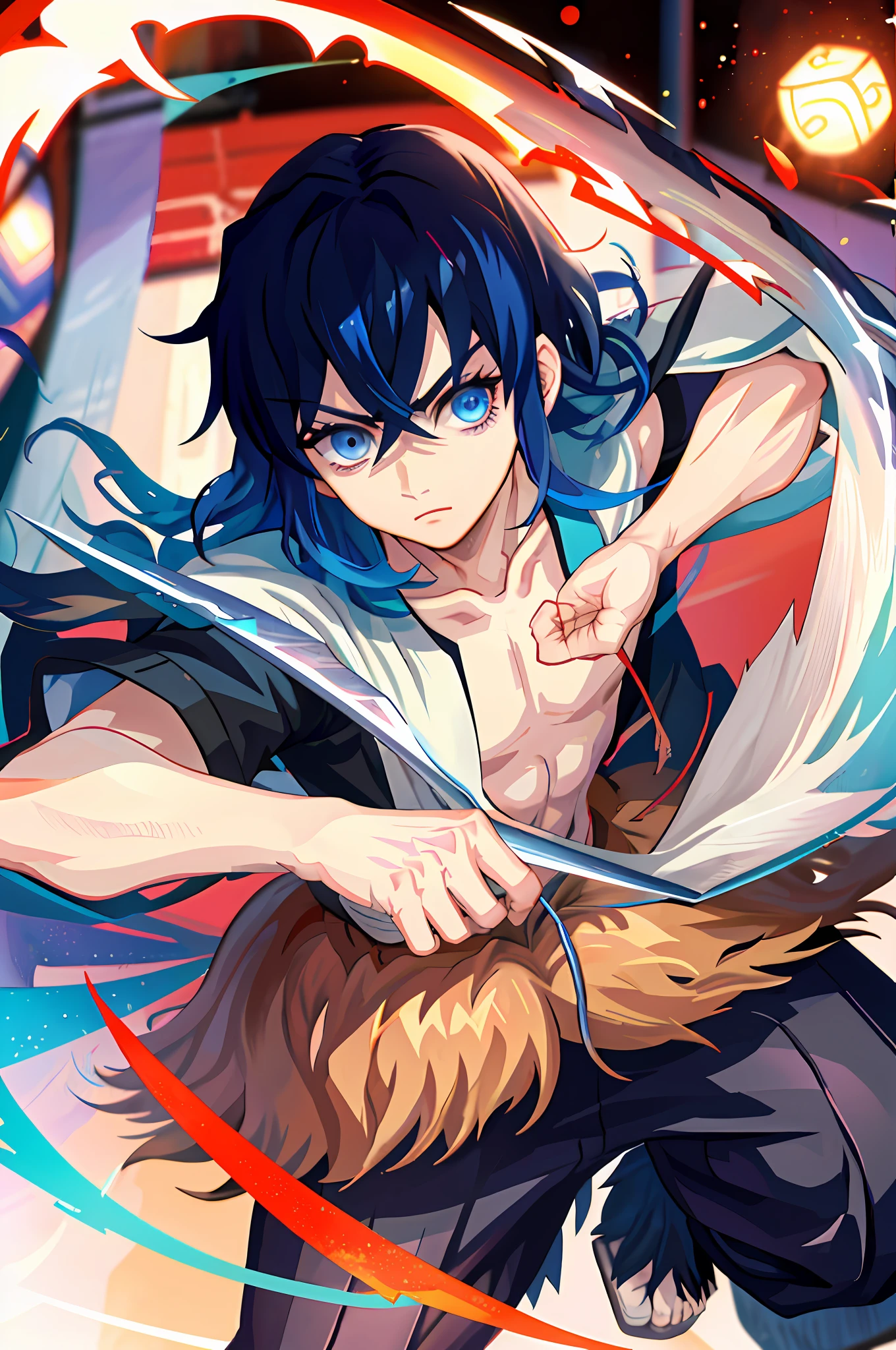 Inosuke hashibira, anime guy with blue hair and no shirt holding a sword, handsome guy in demon slayer art, gapmoe yandere, (sfw) safe for work, badass anime 8 k, handsome japanese demon boy, okata kazuto, handsome anime pose, gapmoe yandere grimdark, muscular!!, male anime character, 2 d anime style, long black pants, close up, close up face,