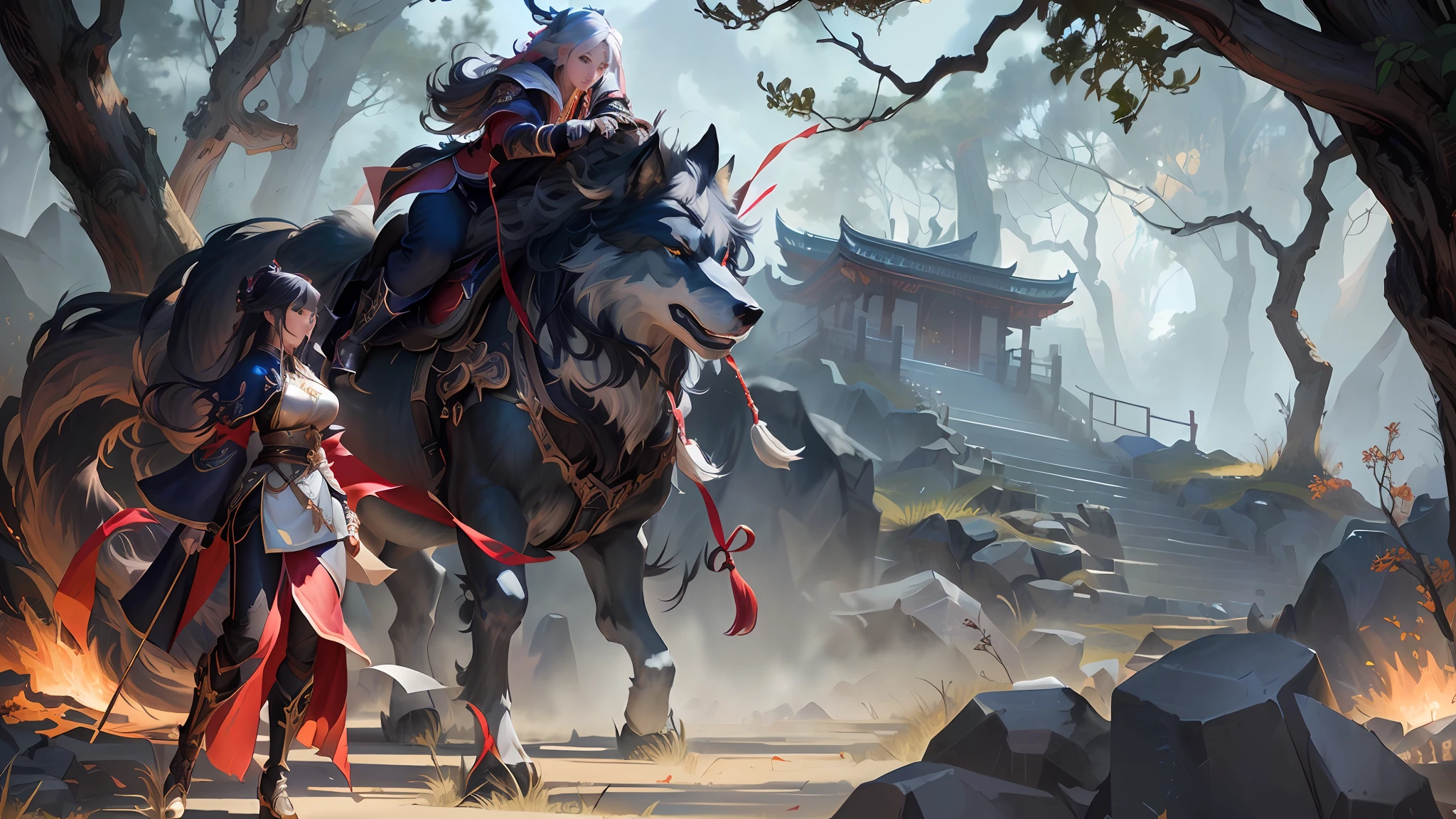 anime - style artwork of a woman riding a horse with a man on it, onmyoji detailed art, riding a giant silver wolf, onmyoji, 2. 5 d cgi anime fantasy artwork, by Yang J, anime fantasy artwork, artgerm and atey ghailan, anime fantasy illustration, g liulian art style