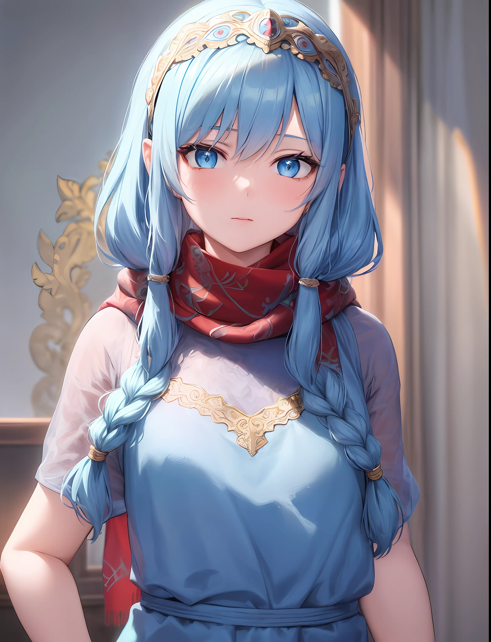 lineart ((best quality)), ((masterpiece)), (detailed), 1girl, } 4k, hd, masterpiece,, female, small bust, young teenager, blue eyes, {light blue hair}, short hair,{intricate red sleeveless adventurer tunic}, upper body, hairband, fantasy, filigree, scarf, braided bangs, hair decoration