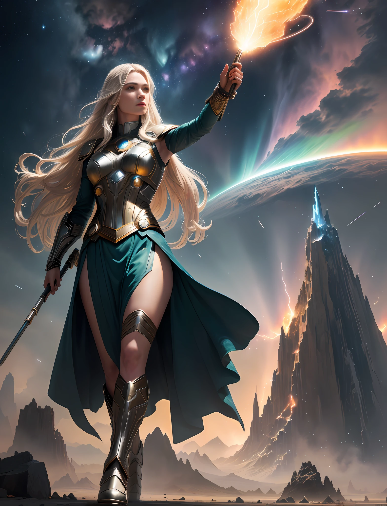 Realistic character shooting, Asgard in science fiction, the protagonist is Thor's woman, flying to hit a huge comet with a cane, meteorite fragments splashing, complex long hair, delicate faces, flowing posture, gorgeous walking sticks, luminous bodies