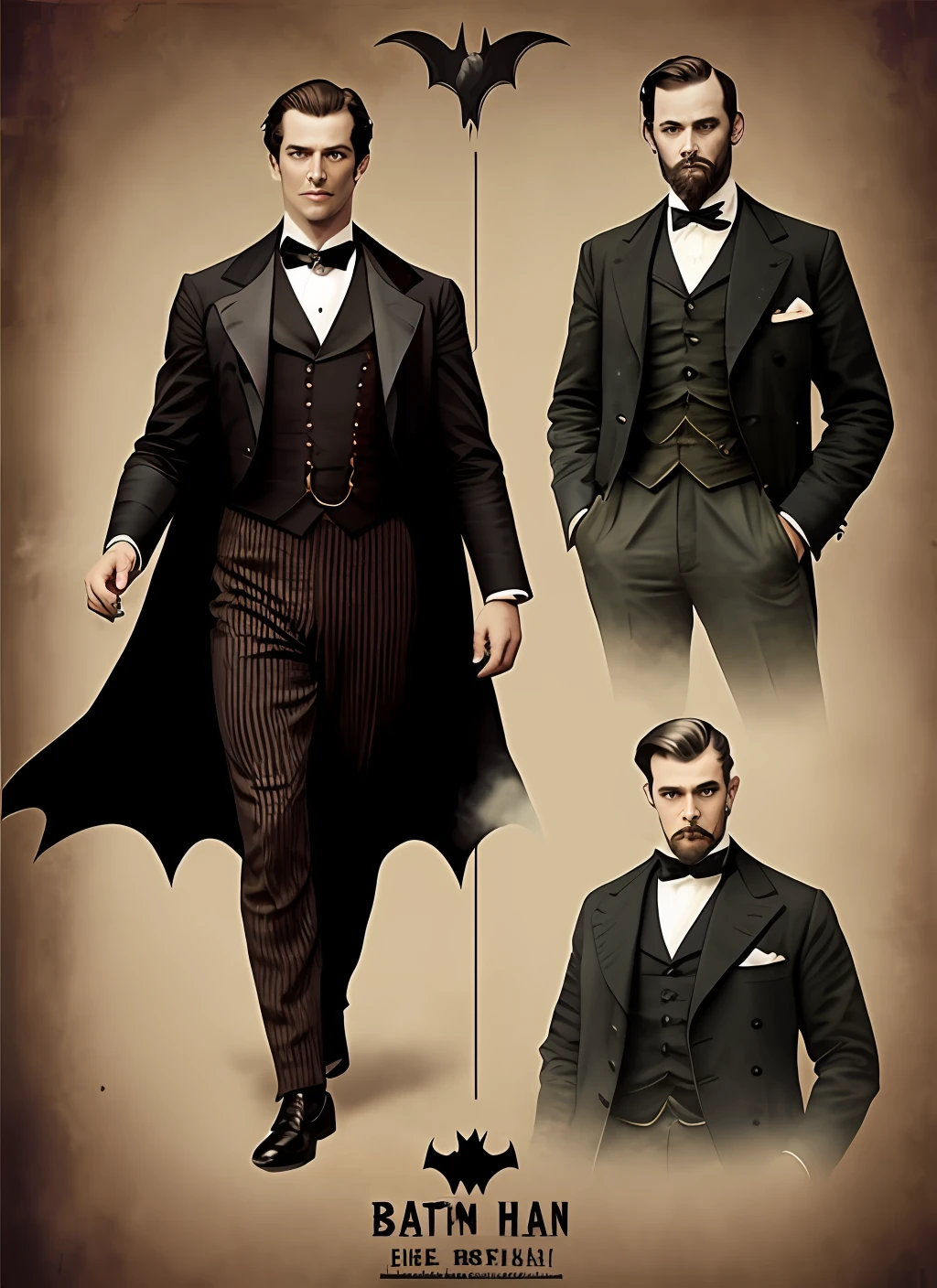 Create Batman as if he were an image from film from the 1880s and with the technology and style of vintage clothing from that era. hyper realistic