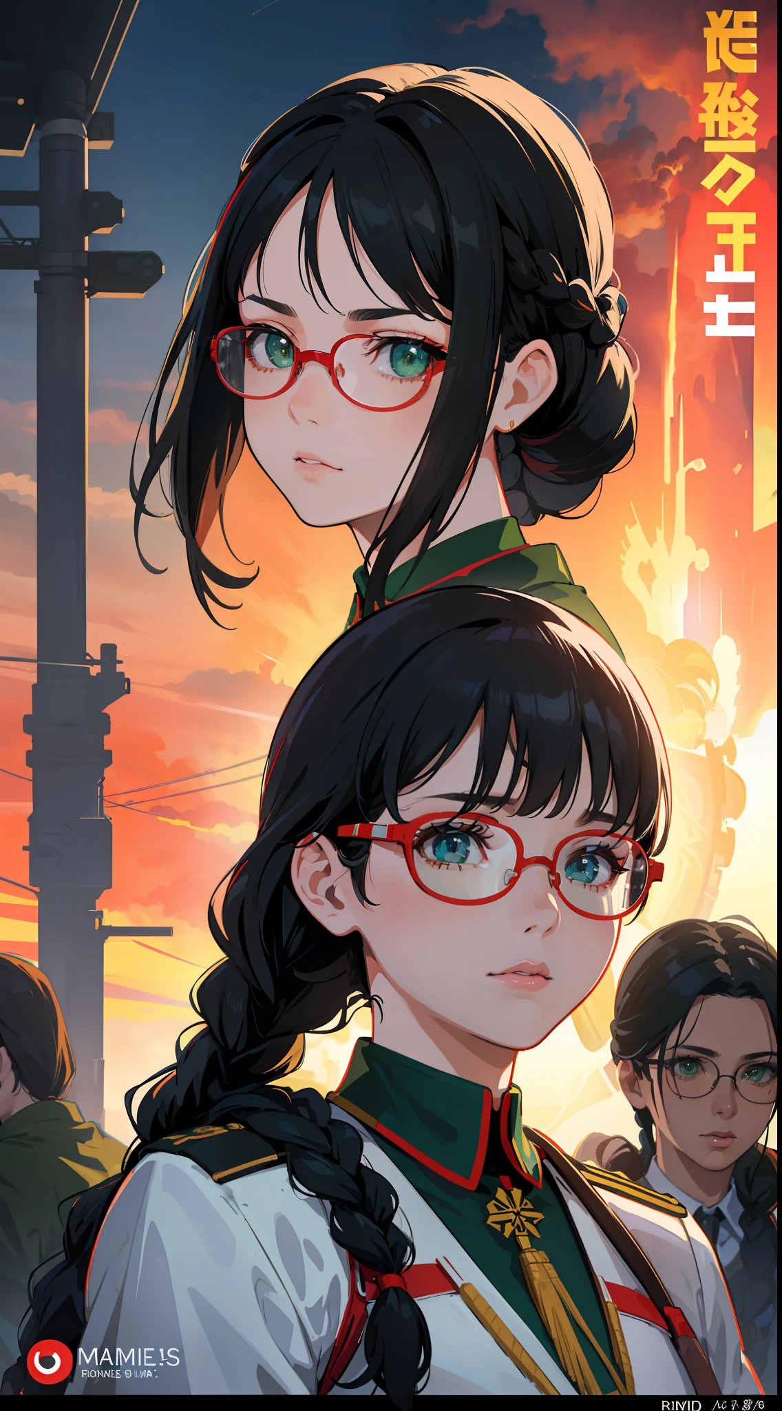 Movie Poster,((Braid Hairstyle : 1.5))),Anime Reference 86 ,Science Fiction,Sci-Fi,Movies,War Action Movies,Multiple Characters,Women,Adults,Green Eyes,Black Hair,(Braided bangs : 1.8 ),(Red Glasses),General Uniform,White Commander Uniform,Realistic Face Details,Realism,3D Face,