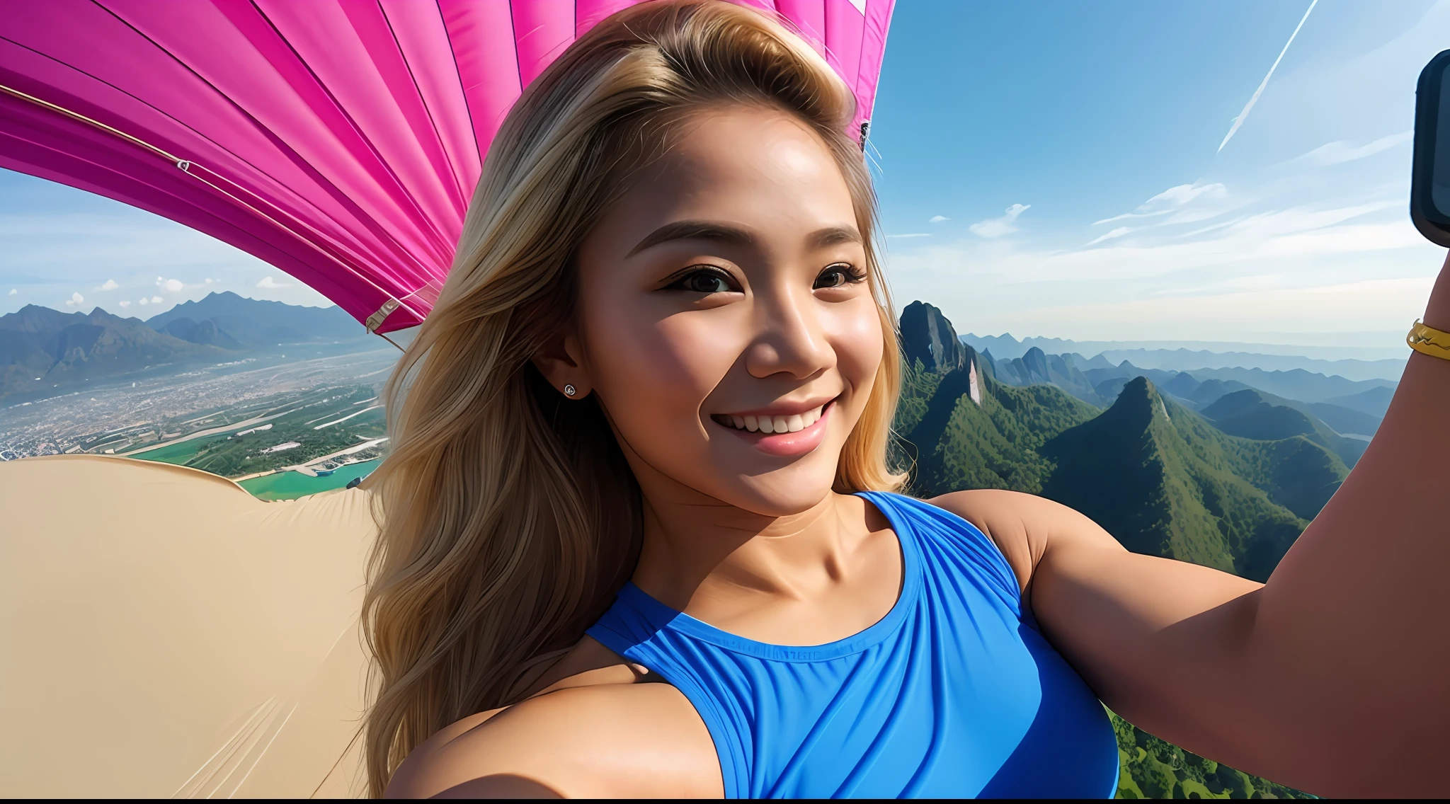 young beautiful Thai woman, blond hair, bodybuilder physique, parachute, happy, taking selfie, close up, half body, masterpiece, best quality, ultra-detailed, solo, cherful,