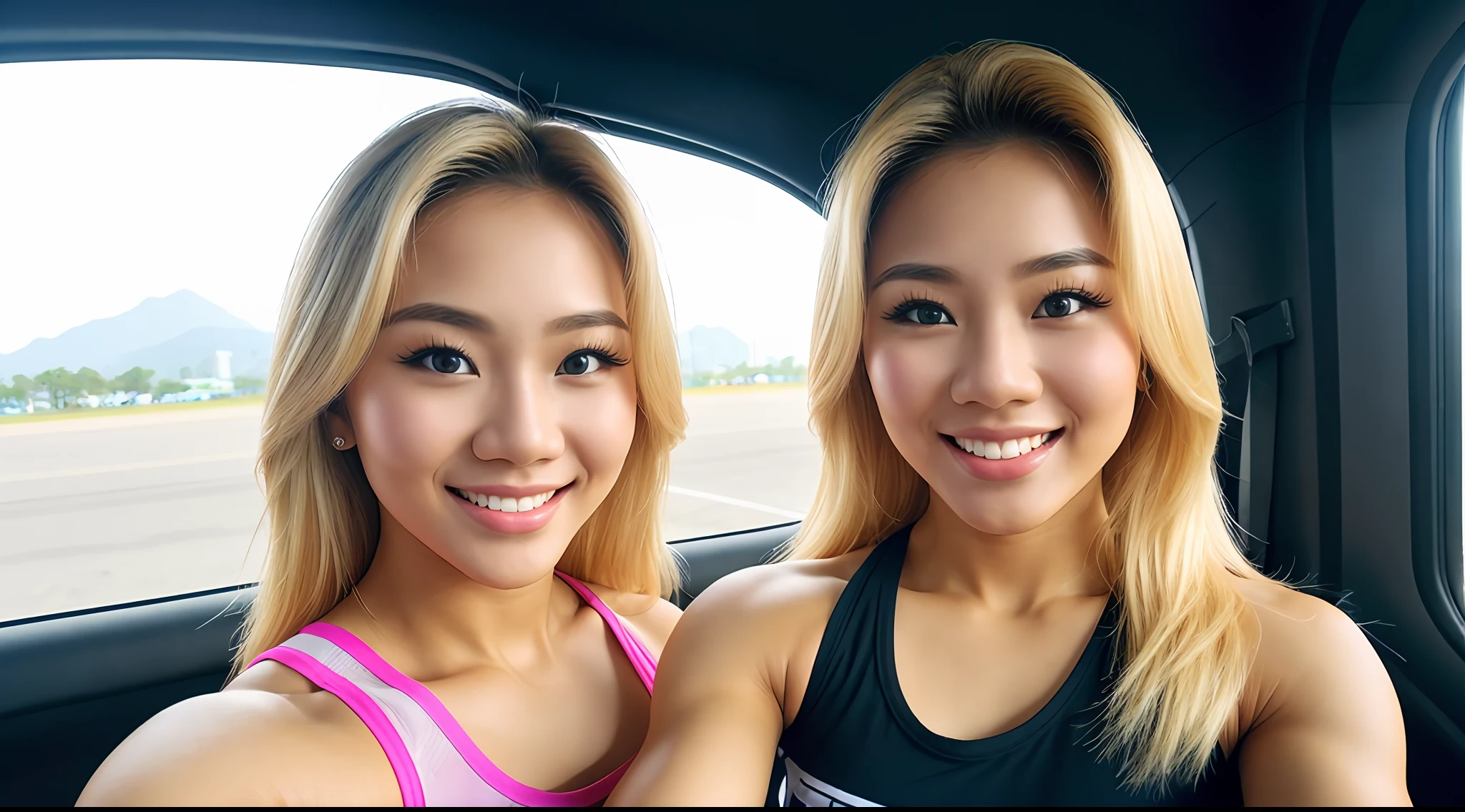 young beautiful Thai woman, blond hair, bodybuilder physique, parachute, happy, taking selfie, close up, half body, masterpiece, best quality, ultra-detailed, solo, cherful,