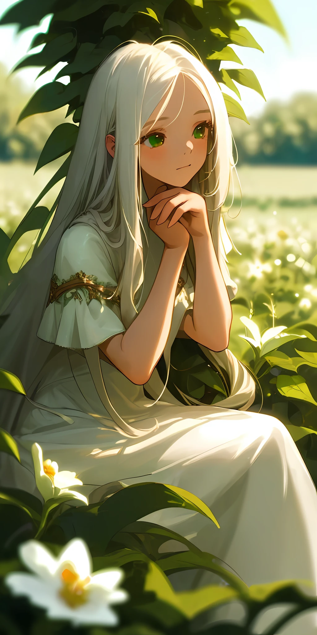(masterpiece, best quality),1girl with long white hair sitting in a field of green plants and flowers, her hand under her chin, warm lighting, white dress, blurry foreground