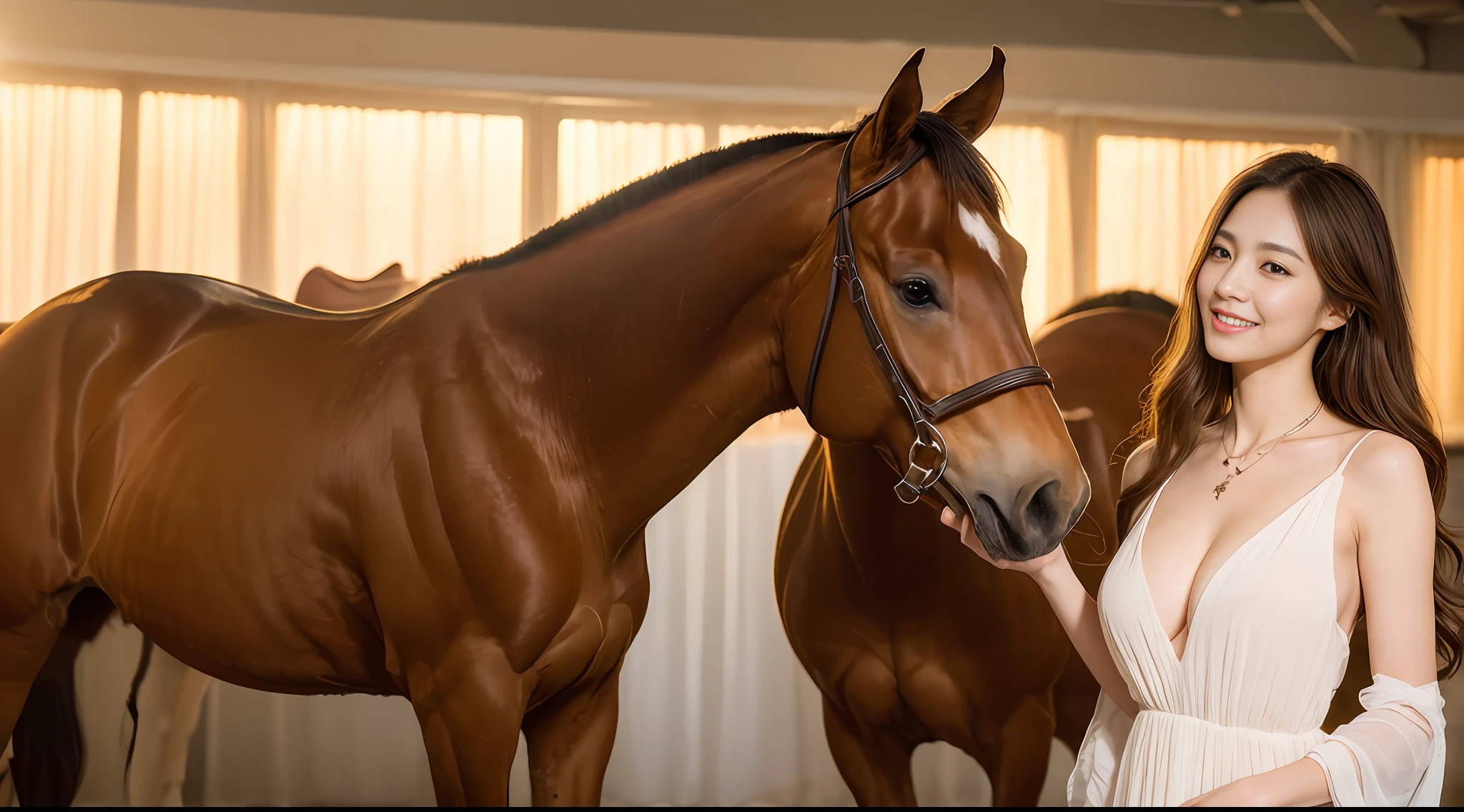 Masterpiece, top lighting, bright light, smile, brown delicate and delicate long hair, man next to the horse, delicate dress, big breasts, big breasts without leaking points, high-definition facial features, 8K, double eyelids, delicate and delicate facial features, whitened skin, necklace