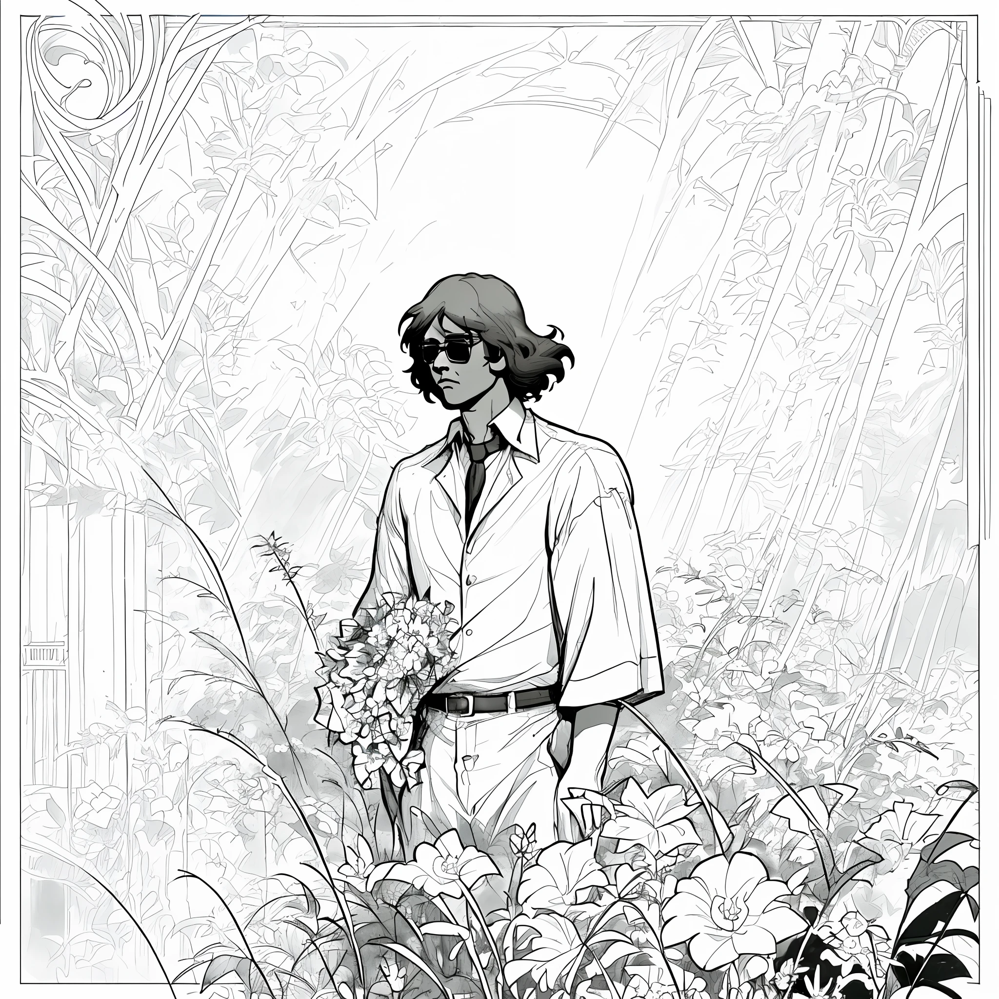 A jim morrison-style man, wearing sunglasses, holding flowers, melancholy, with a withered garden in the background, noir style, art deco, soviet art