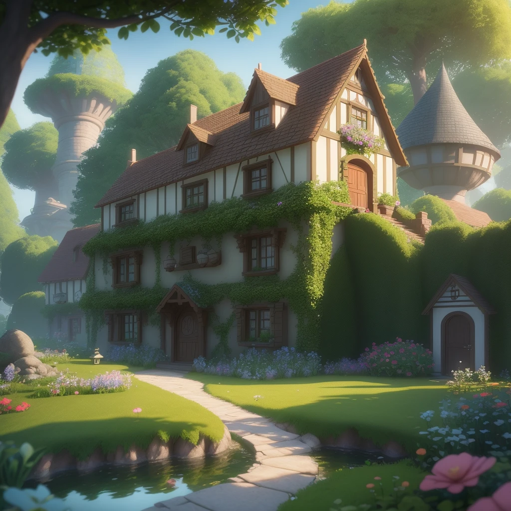 there is a small house with a garden on a small island, a storybook illustration by Aleksander Gierymski, polycount contest winner, digital art, 3 d render stylized, stylized 3d render, stylized as a 3d render, beautiful render of a fairytale, fantasy 3 d render, fantasy house, stylized 3 d