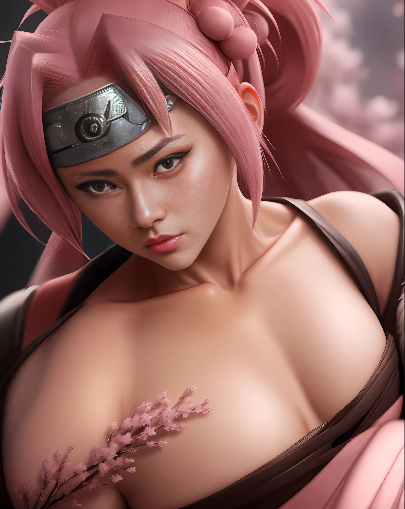 Sakura from the anime (Naruto Shippuden), beautiful eyes, bulky big chests, sensual, super realistic, well detailed face without distortions, epic image in best possible resolution, 8k, very realistic, depth of field, a work of art, cracked human skin, real human skin fur